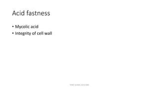 Acid fastness
• Mycolic acid
• Integrity of cell wall
TONY SCARIA 2010 KMC
 