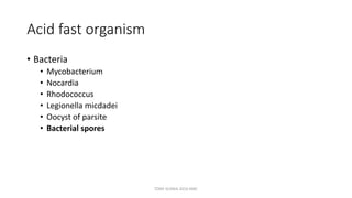 Acid fast organism
• Bacteria
• Mycobacterium
• Nocardia
• Rhodococcus
• Legionella micdadei
• Oocyst of parsite
• Bacterial spores
TONY SCARIA 2010 KMC
 
