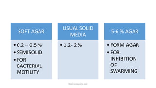 SOFT AGAR
•0.2 – 0.5 %
•SEMISOLID
•FOR
BACTERIAL
MOTILITY
USUAL SOLID
MEDIA
•1.2- 2 %
5-6 % AGAR
•FORM AGAR
•FOR
INHIBITION
OF
SWARMING
TONY SCARIA 2010 KMC
 