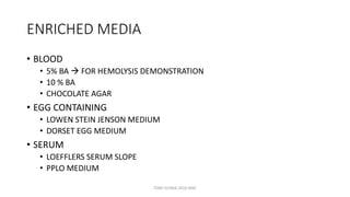ENRICHED MEDIA
• BLOOD
• 5% BA  FOR HEMOLYSIS DEMONSTRATION
• 10 % BA
• CHOCOLATE AGAR
• EGG CONTAINING
• LOWEN STEIN JENSON MEDIUM
• DORSET EGG MEDIUM
• SERUM
• LOEFFLERS SERUM SLOPE
• PPLO MEDIUM
TONY SCARIA 2010 KMC
 