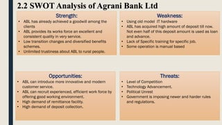2.2 SWOT Analysis of Agrani Bank Ltd
Strength:
• ABL has already achieved a goodwill among the
clients
• ABL provides its ...