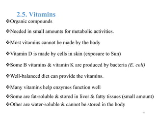 2.5. Vitamins
Organic compounds
Needed in small amounts for metabolic activities.
Most vitamins cannot be made by the body
Vitamin D is made by cells in skin (exposure to Sun)
Some B vitamins & vitamin K are produced by bacteria (E. coli)
Well-balanced diet can provide the vitamins.
Many vitamins help enzymes function well
Some are fat-soluble & stored in liver & fatty tissues (small amount)
Other are water-soluble & cannot be stored in the body
48
 