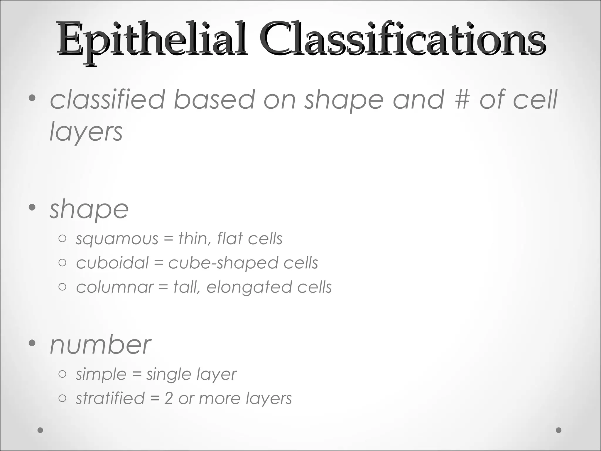 Epithelial ClassificationsEpithelial Classifications
• classified based on shape and # of cell
layers
• shape
o squamous = thin, flat cells
o cuboidal = cube-shaped cells
o columnar = tall, elongated cells
• number
o simple = single layer
o stratified = 2 or more layers
 