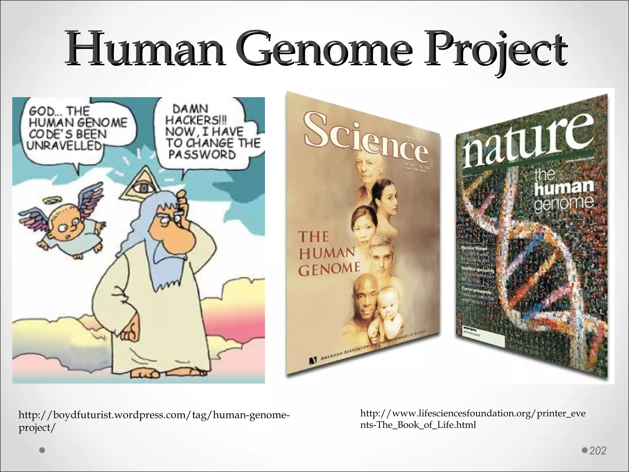 Human Genome ProjectHuman Genome Project
202
http://boydfuturist.wordpress.com/tag/human-genome-
project/
http://www.lifesciencesfoundation.org/printer_eve
nts-The_Book_of_Life.html
 