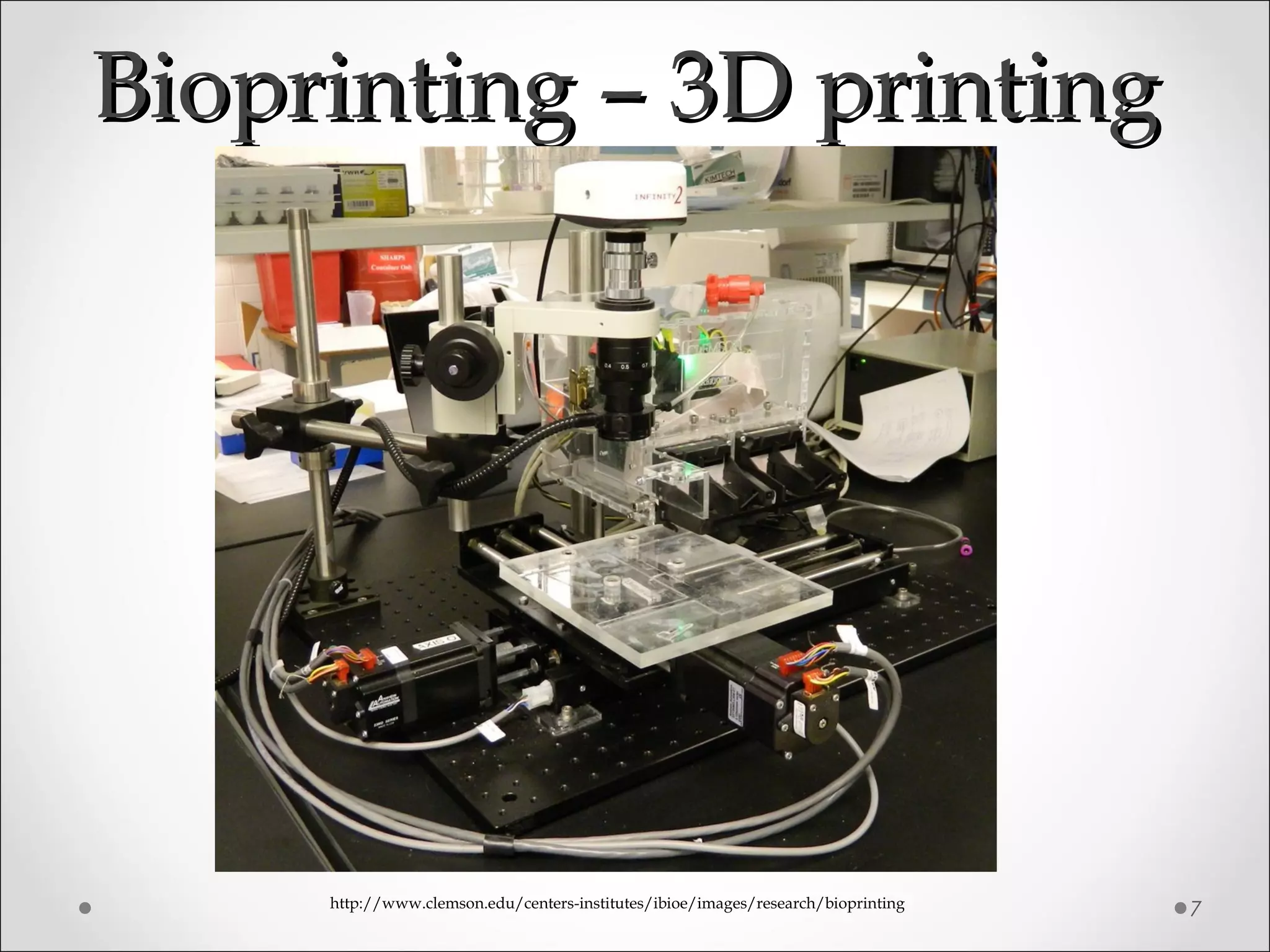 Bioprinting – 3D printingBioprinting – 3D printing
7http://www.clemson.edu/centers-institutes/ibioe/images/research/bioprinting
 