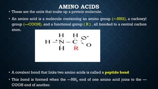 AMINO ACIDS
• These are the units that make up a protein molecule.
• An amino acid is a molecule containing an amino group (—NH2), a carboxyl
group (—COOH), and a functional group ( R ) , all bonded to a central carbon
atom.
• A covalent bond that links two amino acids is called a peptide bond
• This bond is formed when the —NH2 end of one amino acid joins to the —
COOH end of another.
 