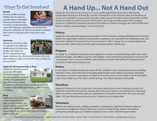 Ways To Get Involved
Donate
                                                                               A Hand Up... Not A Hand Out
                                                                    Habitat for Humanity of Lee County, Inc. is a non-profit organization dedicated to eliminating
On every dollar donated,                                            substandard housing in Lee & Hendry counties. Through the use of volunteer labor and donations of
Habitat uses 95 cents to                                            money and materials, the organization provides simple, decent housing for deserving families. Habitat
provide decent, affordable                                          homes are sold at no profit to the new homeowners, who make monthly, interest-free mortgage
housing and spends only                                             payments to Habitat for Humanity. Payments from these no-interest mortgages are used to build more
4.6 cents on administrative
                                                                    homes, creating a perpetual legacy to the community.
costs. All of Habitat’s operations are funded from
donations. Materials can also be donated to Habitat’s
thrift stores to help generate revenue for more                     History
homes.                                                              Habitat for Humanity International was founded in 1976 in Americus, Georgia. While based on Christian
                                                                    beliefs, the organization welcomes homeowners, employees, and volunteers from all backgrounds. Four
Volunteer                                                           years later, Habitat for Humanity of Lee County joined the efforts. Today, the Lee County chapter has
Habitat for Humanity relies                                         built more than 1000 homes and with a plan to provide another 100 this year.
on volunteers to build and
rehab homes for deserving
families. But that’s not                                            Program
all. The organization also                                          To qualify for a Habitat for Humanity home, applicants must be in need of housing, able to pay a zero-
needs volunteers for office tasks like data entry and               interest mortgage, and willing to partner with Habitat. In this partnership, homeowners must give 250
bulk mailing as well as in the thrift store to help price           “sweat equity” hours (service to Habitat), attend classes to become self-sufficient homeowners and
and sort items.                                                     contribute $1200 toward closing costs.
Apply For Homeownership or Rent                                     Homes
Habitat for Humanity serves                                         It costs about $133,000 to build each home. Of that, $50,000 in cash is required to purchase building
to provide affordable                                               materials. Funds come in the form of tax-deductible donations from places of worship, individuals,
homeownership for low-                                              corporations, and other organizations. Habitat for Humanity of Lee County builds in North Fort Myers,
income to very low-income
                                                                    Cape Coral, Lehigh Acres, Fort Myers, Bonita Springs, Pine Island, Clewiston and Labelle.
families. The organization
also offers senior citizens
the option of renting one of Habitat’s 60 units in a                Donations
complex of affordable apartments located in North                   Habitat for Humanity of Lee County does not receive federal government funding or money from
Fort Myers.                                                         Habitat for Humanity International. Instead, all donations are raised on a local level from individuals,
                                                                    places of worship, corporations and civic organizations and Habitat thrift stores. For every donated
Shop
                                                                    dollar, $.95 goes directly toward construction. Donations are tax deductible.
Habitat has two thrift stores
in the community that
help generate funding for                                           Volunteers
homes. Habitat’s North Fort                                         Whether its building homes, stuffing newsletters or fundraising, Habitat for Humanity relies on
Myers and Labelle stores are                                        volunteers to complete its mission. Volunteers must be 14 years of age. Anyone interested in
responsible for providing more than half a dozen                    participating should sign up on Habitat’s website to view current volunteer opportunities.
homes each year.
             Habitat for Humanity of Lee County, Inc. • 1288 N. Tamiami Trail • North Fort Myers • Florida • 33903 • P: 239-652-0434 • F: 239-652-0386 • www.habitat4humanity.org
 