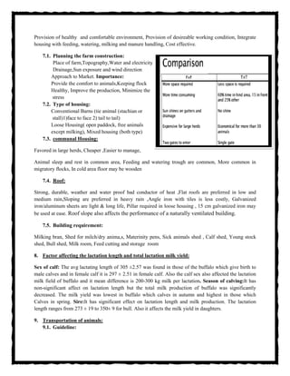 Provision of healthy and comfortable environment, Provision of desireable working condition, Integrate
housing with feeding, watering, milking and manure handling, Cost effective.
7.1. Planning the farm construction:
Place of farm,Topography,Water and electricity
Drainage,Sun exposure and wind direction
Approach to Market. Importance:
Provide the comfort to animals,Keeping flock
Healthy, Improve the production, Minimize the
stress
7.2. Type of housing:
Conventional Barns (tie animal (stachian or
stall)1)face to face 2) tail to tail)
Loose Housing( open paddock, free animals
except milking), Mixed housing (both type)
7.3. communal Housing:
Favored in large herds, Cheaper ,Easier to manage,
Animal sleep and rest in common area, Feeding and watering trough are common, More common in
migratory flocks, In cold area floor may be wooden
7.4. Roof:
Strong, durable, weather and water proof bad conductor of heat ,Flat roofs are preferred in low and
medium rain,Sloping are preferred in heavy rain ,Angle iron with tiles is less costly, Galvanized
iron/aluminum sheets are light & long life, Pillar required in loose housing , 15 cm galvanized iron may
be used at ease. Roof slope also affects the performance of a naturally ventilated building.
7.5. Building requirement:
Milking bran, Shed for milch/dry anima,s, Materinity pens, Sick animals shed , Calf shed, Young stock
shed, Bull shed, Milk room, Feed cutting and storage room
8. Factor affecting the lactation length and total lactation milk yield:
Sex of calf: The avg lactating length of 305 ±2.57 was found in those of the buffalo which give birth to
male calves and in female calf it is 297 ± 2.51 in female calf. Also the calf sex also affected the lactation
milk field of buffalo and it mean difference is 200-300 kg milk per lactation. Season of calving:It has
non-significant affect on lactation length but the total milk production of buffalo was significantly
decreased. The milk yield was lowest in buffalo which calves in autumn and highest in those which
Calves in spring. Sire:It has significant effect on lactation length and milk production. The lactation
length ranges from 273 ± 19 to 350± 9 for bull. Also it affects the milk yield in daughters.
9. Transportation of animals:
9.1. Guideline:
 