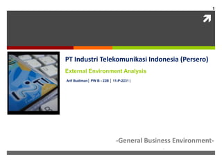 
PT Industri Telekomunikasi Indonesia (Persero)
External Environment Analysis
Arif Budiman│ PW B - 22B │ 11-P-2231 |
--General Business Environment-
.
1
 