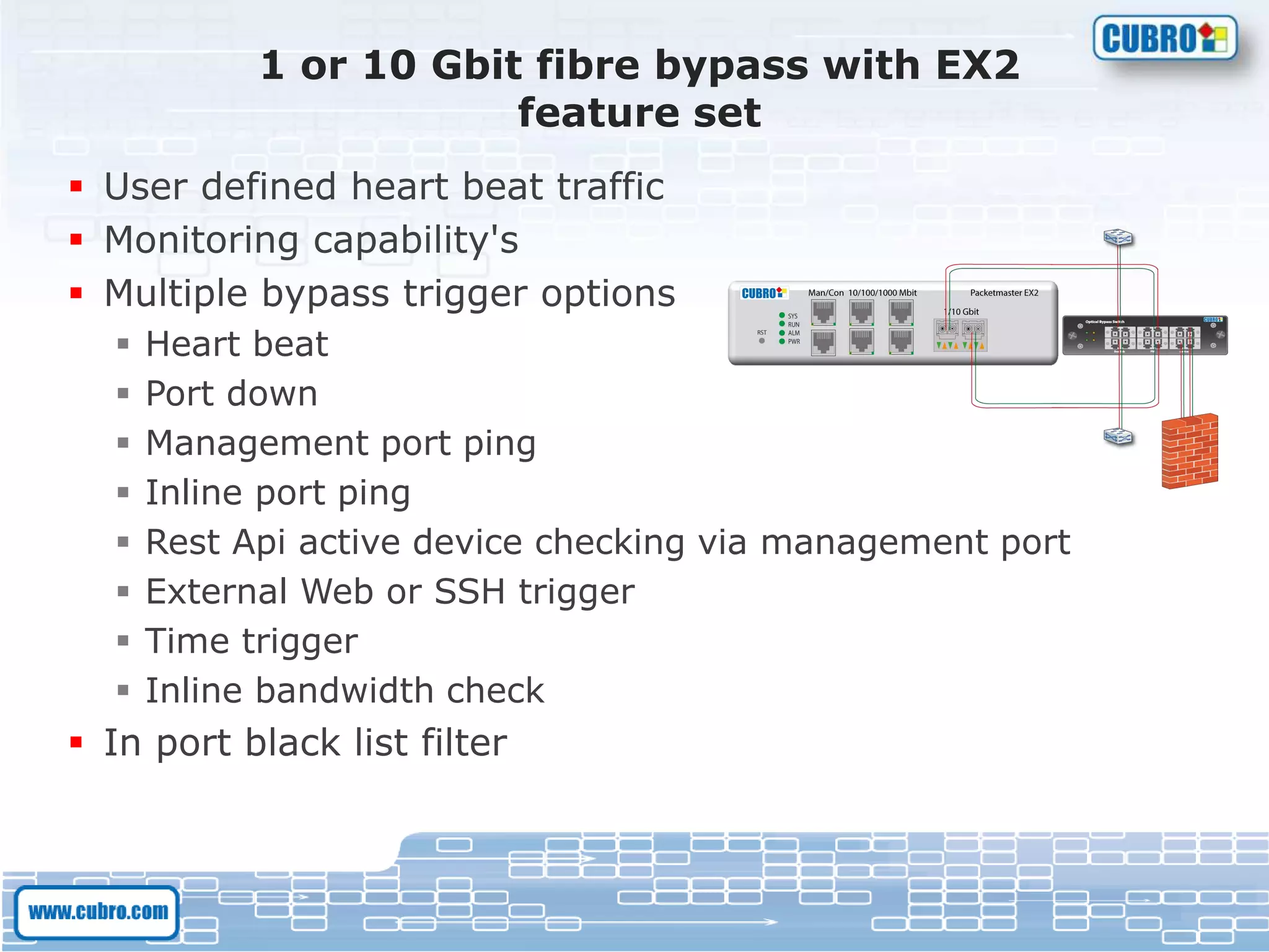 1 or 10 Gbit fibre bypass with EX2
feature set
 User defined heart beat traffic
 Monitoring capability's
 Multiple bypass trigger options
 Heart beat
 Port down
 Management port ping
 Inline port ping
 Rest Api active device checking via management port
 External Web or SSH trigger
 Time trigger
 Inline bandwidth check
 In port black list filter
 