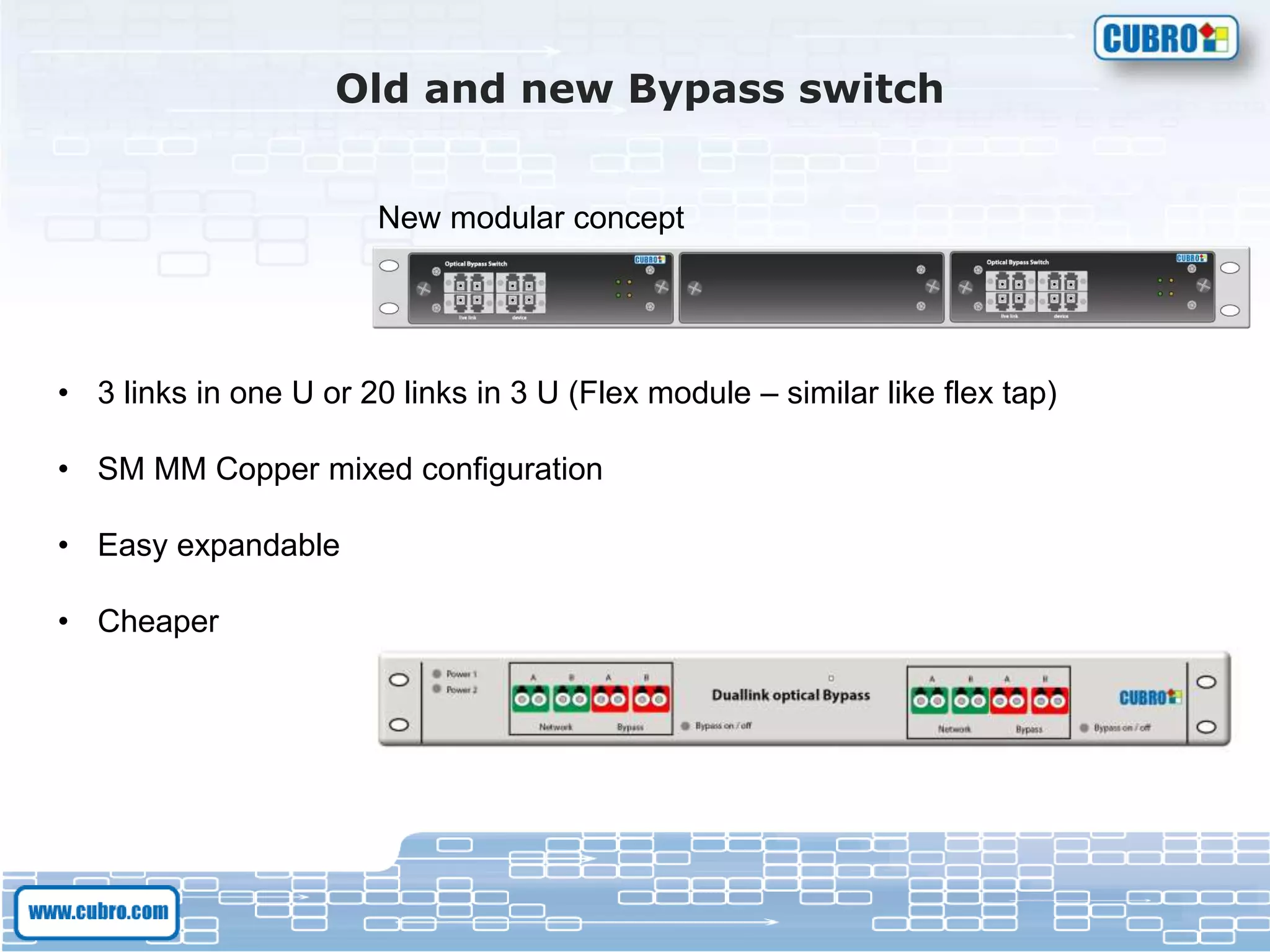 Old and new Bypass switch
New modular concept
• 3 links in one U or 20 links in 3 U (Flex module – similar like flex tap)
• SM MM Copper mixed configuration
• Easy expandable
• Cheaper
 