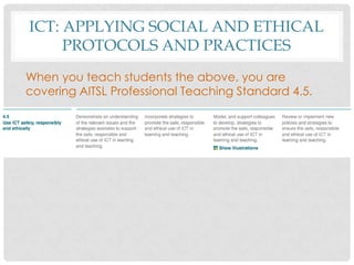 ICT: APPLYING SOCIAL AND ETHICAL
PROTOCOLS AND PRACTICES
When you teach students the above, you are
covering AITSL Professional Teaching Standard 4.5.
 