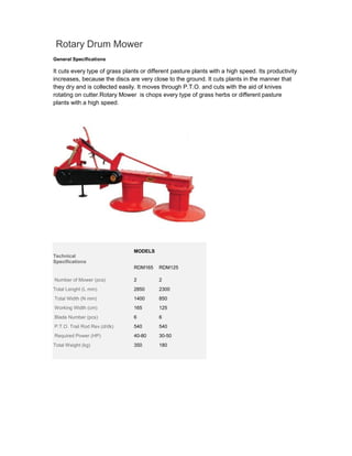 Rotary Drum Mower
General Specifications

It cuts every type of grass plants or different pasture plants with a high speed. Its productivity
increases, because the discs are very close to the ground. It cuts plants in the manner that
they dry and is collected easily. It moves through P.T.O. and cuts with the aid of knives
rotating on cutter.Rotary Mower is chops every type of grass herbs or different pasture
plants with a high speed.




                                MODELS
Technical
Specifications
                                RDM165    RDM125

.Number of Mower (pcs)          2         2
Total Lenght (L mm)             2850      2300
.Total Width (N mm)             1400      850
.Working Width (cm)             165       125
Blade Number (pcs)              6         6
P.T.O. Trail Rod Rev.(d/dk)     540       540
.Required Power (HP)            40-80     30-50
Total Weight (kg)               350       180
 