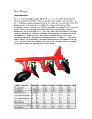 Disc Plough
General Specifications

These devices are being produced in 1,2, 3, 4, 5 and 6 rows.It is produced in compliance
with current agricultural conditions. The disc ploughs are produced to work in every type of
soil by the basic principles such as soil breaking, soil raising, soil turning and soil mixing. The
disc ploughs are used to open the new fields and to process the stony areas. When
processing, it avoids the occurrence of the big holes and the upper part of furrow's becoming
muddy. There is no possibility to be stopped up with grass, helves and farm fertilizer. In
addition, they can be used easily at rocky and rooted areas. The parts to which the discs are
connected are made with the forging technology. When requested, a body can be added to
the plow later on. As the three point hang system is manufactured according to the
international standards, it is of a feature to be fitted to all sorts of the tractors. The position
angle of the disc can be adjusted in three positions by means of notches existed under the
props. The discs constitute an angle according to both on the moving direction in parallel
plane (direction angle) and the soil surface (position angle).




TECHNICAL FEATURES         Symbol With 1 Disc With 2 Discs With 3 Discs With 4 Discs With 5 Discs
TOTAL LENGTH               L (mm) 1100        1560         2130         2520        2910
TOTAL WIDTH                N (mm) 1115        1115         1265         1420        1570
TOTAL HEIGHT               H (mm) 1235        1235         1235         1235        1235
OPERATION DEPTH            Max Cm 25          25           25           25          25
OPERATION WIDTH Ø660       cm      33         66           99           132         165

OPERATION WIDTH Ø700       cm      35         70           105          140         175
BODY SPACE                 cm      -          53           53           53          53
DISC DIAMETER              mm      660        660          660          660         660
AVERAGE POWER NEEDED Hp            10-20      20-25        25-30        30-40       40-50
TOTAL WEIGHT               Kg      240        310          400          470         540
 