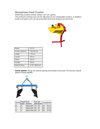 Monophase Feed Crusher
Effectively crushes wheat, barley, corn etc. grains.
The product crushing size can be adjusted via its changeable screens. in addition,
beets and green corn can be grounded when the screens are removed.




Model                : M.Y.K
Hourly Capacity      : 400-600 kg
Height               : 130 cm
Length               : 80 cm
Width                : 60 cm
Weight               : 60 kg
Electric Motor       : 3 HP 2800 rpm


Canal opener: Plough are used for opening and formation of the canal. The interrow / interval
disance is easily adjusted.




         chassis body          work job
Models height between          width depth
                                           weight power
08     69     Adjustable       170 20     200    30-35
14     70     Adjustable       185 28     260    45-55
20     76     Adjustable       200 34     380    70-80
 
