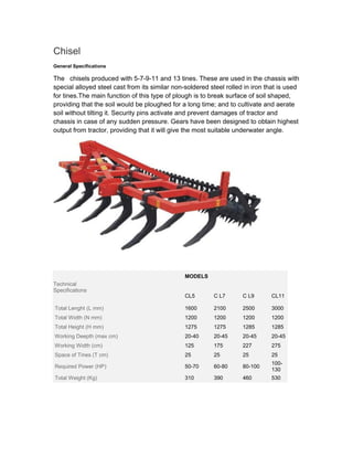 Chisel
General Specifications

The chisels produced with 5-7-9-11 and 13 tines. These are used in the chassis with
special alloyed steel cast from its similar non-soldered steel rolled in iron that is used
for tines.The main function of this type of plough is to break surface of soil shaped,
providing that the soil would be ploughed for a long time; and to cultivate and aerate
soil without tilting it. Security pins activate and prevent damages of tractor and
chassis in case of any sudden pressure. Gears have been designed to obtain highest
output from tractor, providing that it will give the most suitable underwater angle.




                                                MODELS
Technical
Specifications
                                                CL5       C L7       C L9      CL11

.Total Lenght (L mm)                            1600      2100       2500      3000
.Total Width (N mm)                             1200      1200       1200      1200
.Total Height (H mm)                            1275      1275       1285      1285
.Working Deepth (max cm)                        20-40     20-45      20-45     20-45
.Working Width (cm)                             125       175        227       275
.Space of Tines (T cm)                          25        25         25        25
                                                                               100-
.Required Power (HP)                            50-70     60-80      80-100
                                                                               130
.Total Weight (Kg)                              310       390        460       530
 