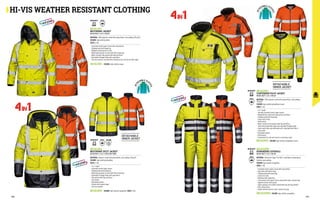 MC4113E1
MOTORWAY JACKET
EN ISO 20471 CLASS 3 EN 343
MATERIAL: 100% polyester coated with polyurethane, inner padding 220 gr/m²
COLOUR: high visibility yellow
SIZES: S-3XL
∙
∙ Concealed central zipper closure with snap buttons
∙
∙ Foldaway hood with drawstring
∙
∙ Windproof elasticated knit cuffs
∙
∙ Mobile phone pocket on chest with Velcro fastening
∙
∙ Water-resistant side pockets with flap and Velcro
∙
∙ Detachable ID badge holder with snap button
∙
∙ Two inner pockets, one with Velcro fastening and a vertical one with zipper
MC4125E1
CONTENDER PILOT JACKET
EN ISO 20471 CLASS 3 EN 343
MATERIAL: 100% polyester coated with polyurethane, inner padding 	
220 gr/m²
COLOUR: high visibility yellow/black inserts
SIZES: S-4XL
∙
∙ 4 in 1 model
∙
∙ Two-way concealed central zipper closure
∙
∙ Windproof flap closed with snap buttons and Velcro
∙
∙ Foldaway hood with drawstring
∙
∙ Fleece collar lining
∙
∙ Muff pockets
∙
∙ Water-resistant chest pockets with flap and Velcro
∙
∙ Third chest pocket with zipper and concealed ID badge holder
∙
∙ Elastic waist sides and elasticated cuffs, adjustable with Velcro 	
Inner jacket:
∙
∙ Detachable sleeves
∙
∙ Muff pockets
∙
∙ Elasticated knit cuffs and inserts in contrasting colour
4IN1
MC4124E1
MOTORWAY SPLIT JACKET
EN ISO 20471 CLASS 3 EN 343 EN 14058
MATERIAL: Polyester coated with polyurethane, inner padding 220 gr/m²
COLOUR: high visibility yellow/blue
SIZES: S-3XL
∙
∙ 4 in 1 model
∙
∙ Concealed central zipper closure
∙
∙ Foldaway hood with drawstring
∙
∙ Mobile phone pocket on chest with Velcro fastening
∙
∙ Detachable ID badge holder with snap button
∙
∙ Side pockets with flap and Velcro 					
Inner jacket:
∙
∙ Detachable sleeves
∙
∙ Pockets with covered zipper
∙
∙ Two inner pockets
MC4122HD
ROWANIEMI COVERALL
EN ISO 20471 CLASS 3 EN 343
MATERIAL: Bilaminate Clipper-Tex fabric: breathable and waterproof;
Synthetic wool padding
COLOUR: high visibility orange/blue
SIZES: S-3XL
∙
∙ Concealed central zipper closure with snap buttons
∙
∙ High collar with fleece lining
∙
∙ Foldaway hood with drawstring
∙
∙ Elastic knit cuffs
∙
∙ Waistband with drawstring
∙
∙ Front pockets with zipper closure covered with water-resistant flap
∙
∙ Zippered vertical chest pocket
∙
∙ Zipper opening on the ankles covered with flap and snap buttons
∙
∙ Heat-sealed seams
∙
∙ Double reflective band on chest, sleeves and legs
MC4125H1 COLOUR: high visibility orange/black inserts
COLOUR: high visibility orange/blue
COLOUR: high visibility orange/blue SIZES: S-4XL
COLOUR: high visibility orange
MC4124H1
MC4113H1
EN 14058
EN 343
EN ISO 20471
EN 343
EN ISO 20471
EN 343
EN 343
EN ISO 20471
EN ISO 20471
DETACHABLE
INNER JACKET
DETACHABLE
INNER JACKET
4IN1
MC4122HD
HI-VIS WEATHER RESISTANT CLOTHING
198 199
 