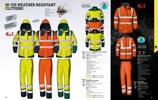 MC4115H1 IVALO JACKET
EN ISO 20471 CLASS 3 EN 343
MATERIAL: Supersoft bilaminate 	
Clipper-Tex fabric, 100% polyester; 	
padding 100% polyester
COLOUR: orange
SIZES: S-3XL
∙
∙ Concealed zipper closure with snap
buttons
∙
∙ Foldaway hood with drawstring
∙
∙ Muff pockets
∙
∙ Elasticated cuffs adjustable with Velcro
∙
∙ ID Badge holder on chest and vertical
pocket on the other side
∙
∙ Two side pockets with flap and Velcro
∙
∙ Drawstring on the bottom of the outer
jacket 				
Inner jacket:
∙
∙ Detachable sleeves
∙
∙ Two side zippered pockets
∙
∙ Inner pocket with zipper
MC4118H1
IVALO TROUSERS
EN ISO 20471 CLASS 2 EN 343
MATERIAL: Supersoft bilaminate 	
Clipper-Tex fabric, 100% polyester
COLOUR: high visibility orange
SIZES: S-3XL
∙
∙ Fly with concealed zipper
∙
∙ Elasticated waistband
∙
∙ Exterior-to-interior access with zipper 	
on the sides
∙
∙ Back pocket
∙
∙ Heat-sealed seams
COLOUR: high visibility orange/blue
COLOUR: high visibility orange/blue
COLOUR: high visibility yellow/green
COLOUR: high visibility yellow/green
MC4116EF
MC4120EF
MC4116EC REGIMENTAL SPLIT JACKET
EN ISO 20471 CLASS 3 EN 343
MATERIAL: Supersoft bilaminate Clipper-Tex fabric, 	
100% polyester; padding 180 gr/m²
COLOUR: high visibility yellow/blue
SIZES: XS-4XL
∙
∙ 4 in 1 model
∙
∙ Breathable and waterproof
∙
∙ Two-way concealed central zipper closure
∙
∙ Rollaway hood
∙
∙ Adjustable elasticated cuffs
∙
∙ Concealed ID badge holder
∙
∙ Two inner pockets
∙
∙ Double reflective band on chest and sleeves
∙
∙ Double stitching on bands 			
Inner jacket:
∙
∙ Detachable sleeves with zipper
∙
∙ Zippered pockets
∙
∙ Inner pocket
MC4116HC
MC4120EC
REGIMENTAL TROUSERS
EN ISO 20471 CLASS 2 EN 343
MATERIAL: Supersoft bilaminate Clipper-Tex fabric, 	
100% polyester;
Nylon lining without padding
COLOUR: high visibility yellow/blue
SIZES: S-3XL
∙
∙ Zipper closure
∙
∙ Elasticated waistband
∙
∙ Exterior-to-interior access with zipper on the sides
∙
∙ Back pocket
MC4120HC
DETACHABLE
INNER JACKET
DETACHABLE
INNER JACKET
EN 343
EN 343
EN 343
EN 343
EN ISO 20471
EN ISO 20471
EN ISO 20471
EN ISO 20471
4IN1
OUTER SHELL
Outer jacket
Inner jacket
INNER PADDING LINING
PADDING
INNER LINING
LAMINATION
OUTER LINING
VAPOUR
WIND
DIRT
HEAT
WATER
SUPERSOFT
BILAMINATE
FABRIC
STRONG DOUBLE
STITCHING ON
REFLECTIVE BANDS
4IN1
HI-VIS WEATHER RESISTANT
CLOTHING
201
200
 