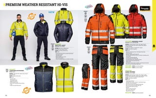 EN 20471
COLOUR: high visibility yellow/black
COLOUR: high visibility red/black
COLOUR: high visibility yellow/black
MC4413P7
CAPRICORNO BODYWARMER
EN 20471 CLASS 2
MATERIAL: Pongee outer fabric, polyester lining 140 gr/m²,
padding 200 gr/m²
COLOUR: blue/high visibility yellow
SIZES: S-3XL
∙
∙ Reversible model
∙
∙ Two-way zipper closure
∙
∙ Zippered chest pockets
∙
∙ Reflective piping on chest
∙
∙ Reverse side: two pockets with flap and Velcro
∙
∙ D-ring
∙
∙ Double heat-sealed reflective band
MC4126E1
BANF PILOT JACKET
EN ISO 20471 CLASS 3 EN 343
MATERIAL: Outer fabric in Ripstop Stretch, 		
Inner lining in nylon, padding 160 gr/m²
COLOUR: high visibility yellow/navy blue
SIZES: S-3XL
∙
∙ Reversible light jacket with heat-sealed reflective bands
∙
∙ Taped zippers closures
∙
∙ Taped chest pocket
∙
∙ Navy dirt-repellent trim on collar
∙
∙ Elastic cuffs and bottom
∙
∙ Lining: three zippered pockets, one of which on the chest
PREMIUM WEATHER RESISTANT HI-VIS
EN 343
EN 343
EN 343
EN 14058
EN ISO 20471
EN ISO 20471
EN ISO 20471
MC4128HE ANDROMEDA JACKET
EN ISO 20471 CLASS 3 EN 343 EN 14058
MATERIAL: trilaminate Clipper-Tex fabric, Twill, weight 170 gr/m²; 	
wrinkle and stain resistant, solid, elastic, windproof, water repellent 	
and highly breathable
Detachable inner padding in Thinsulate 3M®, 150 gr/m²
COLOUR: high visibility orange/black
SIZES: S-4XL
∙
∙ Waterproof central zipper closure, with windproof internal flap
∙
∙ Fleece-lined collar
∙
∙ Adjustable foldaway hood with drawstring
∙
∙ Two chest pockets with flap and Velcro, one of which is featuring an extra
vertical pocket
∙
∙ Concealed, detachable badge holder
∙
∙ Two side pockets with concealed zipper
∙
∙ Elasticated windproof cuffs, adjustable with Velcro
∙
∙ Zippered underarm vents with mesh interior
∙
∙ Piping on chest
∙
∙ Heat-transfer reflective bands on shoulders, around the waist and sleeves
∙
∙ High performance fully waterproof taped seams
MC4128EE
MC4128LD
MC4127HE
ICARUS TROUSERS
EN ISO 20471 CLASS 1 EN 343
MATERIAL: trilaminate Clipper-Tex fabric, Twill, 170 gr/m²; wrinkle
and stain resistant, solid, elastic, windproof, water repellent and highly
breathable; fully quilted lining, polyester padding 100 gr/m²
COLOUR: high visibility orange/black
SIZES: XS-4XL
∙
∙ Fly with zipper and button
∙
∙ Removable holster pockets in Cordura®, detachable with zipper
∙
∙ Two easy-to-access slant pockets
∙
∙ Multi-functional pocket with integrated ID badge holder
∙
∙ Multi-functional pocket with hammer holder ring
∙
∙ Two back pockets with flap and Velcro
∙
∙ High back
∙
∙ Cordura® reinforced leg bottom
∙
∙ Heat-transfer reflective band
∙
∙ High performance seams
MC4127EE
NEW
202 203
 