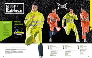 RECOMMENDED
FOR
•	CONSTRUCTION
•	ROAD CONSTRUCTION
WORKS
•	LOGISTICS
•	TRANSPORT
•	FORESTRY
•	AGRICULTURE
•	PLANTS MAINTENANCE
•	GAS, WATER AND
ELECTRICITY MAINS
MAINTENANCE AND
MANAGEMENT
•	INDUSTRIAL PLANTS
INSTALLATION AND
MAINTENANCE
•	MUNICIPAL WASTE
COLLECTION COMPANIES
MC4013E1
GLAMOUR COAT
EN ISO 20471 CLASS 3 EN 343
MATERIAL: Wonderflex fabric, 100% PU coated polyester, 	
190 gr/m²
COLOUR: high visibility yellow
SIZES: S-3XL
∙
∙ Concealed zipper closure with snap buttons
∙
∙ Foldaway hood with elastic edge
∙
∙ Waterproof pockets with button closure
∙
∙ Elasticated windproof cuffs
∙
∙ Reflective piping on the shoulders
MC4011E1
GLAMOUR JACKET
EN ISO 20471 CLASS 3 EN 343
MATERIAL: Wonderflex fabric, 100% PU coated polyester, 	
190 gr/m²
COLOUR: high visibility yellow
SIZES: S-3XL
∙
∙ Concealed zipper closure with snap buttons
∙
∙ Foldaway hood with elastic edge
∙
∙ Elasticated windproof cuffs
∙
∙ Waterproof pockets with button closure
∙
∙ Reflective piping
MC4014E1
GLAMOUR TROUSERS
EN ISO 20471 CLASS 3 (IN COMBINATION 	
WITH THE JACKET)
EN 343
MATERIAL: Wonderflex fabric, 		
100% PU coated polyester, 190 gr/m²
COLOUR: high visibility yellow
SIZES: S-3XL
∙
∙ Elastic waistband
STRETCH
HI-VIS
RAINWEAR
POLYESTER
+
POLYURETHANE
POLYURETHANE
POLYESTER
VAPOUR
WIND
WATER
WONDERFLEX
FABRIC
DESPITE ITS THINNESS, WONDERFLEX IS AN INCREDIBLY STRONG FABRIC.
ITS POLYURETHANE COATED POLYESTER STRUCTURE PROVIDES UNEXPECTED
TEAR AND PUNCTURE RESISTANCE.
WONDERFLEX IS NOT ONLY WATERPROOF BUT ALSO BREATHABLE,
THUS THE GARMENTS ARE VERY COMFORTABLE EVEN WHEN WORN
FOR AN EXTENDED TIME.
MC4013H1
COLOUR: high visibility orange COLOUR: high visibility orange
MC4011H1
EN 343 EN 343 EN 343
EN ISO 20471 EN ISO 20471 EN ISO 20471
MC4014H1
COLOUR: high visibility orange
SIZES: S-4XL
204 205
 