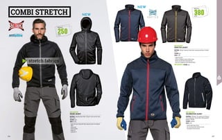 COMBI STRETCH
stretch fabrics
MC4215Z9
DRAKE JACKET
MATERIAL: Antipilling fleece fabric, 250 g/m² stretch and dirt-proof,
fleece lining
COLOUR: black
SIZES: XS-3XL
∙
∙ Upper half chest treated with high-frequency texture for windproof
effect
∙
∙ Fleece hood
∙
∙ Stretch profiles
∙
∙ Raglan cut
∙
∙ Ergonomic fit
MC4216Q7
DIRECTOR JACKET
MATERIAL: 380 g/m² polyester knitted fabric laminated with fleece, Softshell
inserts
COLOUR: blue
SIZES: S-3XL
∙
∙ Zippered pockets
∙
∙ Inserts in windproof stretch Softshell fabric
∙
∙ Bottom and cuffs with elasticated trims
∙
∙ Rear part in windproof stretch Softshell fabric
COLOUR: grey
MC4216C4
MC4213QU
CELEBRATION JACKET
MATERIAL: 95% Nylon, 5% spandex stretch Ripstop 	
micro-jersey fabric; internal fabric 100% waterproof
polyester, 350 g/m²
COLOUR: blue/grey
SIZES: S-3XL
∙
∙ Central taped zipper closure
∙
∙ Two side pockets with reflective inserts
∙
∙ Two zippered internal pockets
NEW
NEW
250
G/M2
WEIGHT
380
G/M2
WEIGHT
216 217
 