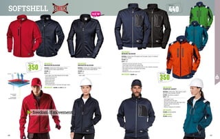 350
G/M2
WEIGHT
POLYESTER
FABRIC
POLYESTER
MICRO-FLEECE
VAPOUR
WIND
WATER
SOFTSHELL
MC4211L5
NAVIGATOR BLOUSON
MATERIAL: Softshell fabric 100% polyester, lining in
144-filaments micro-fleece, weight 350 g/m²
COLOUR: red
SIZES: S-3XL
∙
∙ Central zipper closure with windproof and anti-tangle
internal flap and close end
∙
∙ Zippered muff pockets
∙
∙ Zippered chest pocket
∙
∙ Elastic knitted cuffs
∙
∙ Drawstring waistband
∙
∙ Inner document pocket in mesh fabric with zipper closure
MC4211Q7 COLOUR: blue SIZES: XS-3XL
COLOUR: petroleum blue/blue
MC3118Q7
MURANO BLOUSON
MATERIAL: Softshell fabric 93% polyester and 7% spandex, lining in 144-filaments
micro-fleece, 440 g/m²
COLOUR: blue
SIZES: S-3XL
∙
∙ Embossed construction and elastic structure
∙
∙ Central zipper closure with inner windproof flap
∙
∙ Wear resistant inserts in contrasting black fabric on arms, shoulders and pockets
∙
∙ Heat-sealed chest pocket and zippered muff pockets
∙
∙ Inner pockets
∙
∙ Waistband and cuffs in soft elastic knit
MC3118Z9 COLOUR: black
COLOUR: green/blue
MC4214HG
STARFLEX JACKET
MATERIAL: Softshell fabric 100% polyester coupled
with fleece lining, breathable, 350 g/m²
COLOUR: high visibility orange/blue
SIZES: S-3XL
∙
∙ Central zipper closure
∙
∙ Detachable sleeves with zipper
∙
∙ Side and chest pockets with taped zipper closure
with water resistant reflective flap
∙
∙ Knitted cuffs
∙
∙ Reflective striping over the shoulders
MC4214PL
MC4214RB
freedomofmovement
MC4212Q7
NAVIGATOR BLOUSON
MATERIAL: Softshell fabric 100% polyester, lining in
144-filaments micro-fleece, weight 350 g/m²
COLOUR: blue
SIZES: XS-XL
∙
∙ Ladies’ model
350
G/M2
WEIGHT
440
G/M2
WEIGHT
NEW
220 221
 