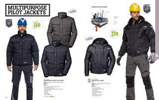 MULTIPURPOSE
PILOT JACKETS
POLYESTER
TASLON
PU
PADDING
LINING
DIRT
WARMTH
WIND
WATER
VAPOUR
LAMINATED TASLON FABRIC
EN 343
MC4716Q7
THERMO MULTI-POCKET PILOT JACKET
MATERIAL: 65% polyester, 35% cotton and 160 g/m² padding
COLOUR: blue
SIZES: S-3XL
∙
∙ Concealed zipper and metal snap buttons closure
∙
∙ Detachable sleeves with zipper
∙
∙ Chest pocket with Velcro fastening, fitted with a pen holder
∙
∙ Zippered chest pocket
∙
∙ Muff pockets
∙
∙ Inner pocket
∙
∙ Elasticated cuffs
∙
∙ Reflective piping on yoke
COLOUR: grey
MC4716B0
MC4725Q8
AIRPORT PILOT JACKET
EN 343
MATERIAL: PU coated polyester Taslon, 220 g/m² padding
COLOUR: dark blue
SIZES: S-3XL
∙
∙ Waterproof and breathable
∙
∙ Concealed zipper and buttons closure
∙
∙ Foldaway hood
∙
∙ Zippered chest pockets
∙
∙ Inner wallet pocket with Velcro
∙
∙ Muff pockets
∙
∙ Elasticated cuffs and waistband
∙
∙ Reflective piping on chest
160
G/M2
PADDING
220
G/M2
PADDING
226 227
 
