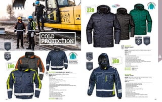 180
G/M2
PADDING
MC4724QN CONTENDER PILOT JACKET EN 343
MATERIAL: 100% waterproof polyester and 180 g/m² padding
COLOUR: blue/yellow
SIZES: S-3XL
∙
∙ Four-in-one model
∙
∙ Two-way concealed central zipper closure
∙
∙ Windproof flap closed with snap buttons and Velcro
∙
∙ Foldaway hood with drawstring
∙
∙ Fleece collar lining
∙
∙ Chest pockets with reflective piping, closed with flap and Velcro
∙
∙ Right chest pocket with additional small pocket with water resistant zipper closure
∙
∙ Concealed ID badge holder
∙
∙ Inner pocket
∙
∙ Elastic waist sides
∙
∙ Cuffs in elasticated knit fabric, adjustable with Velcro
∙
∙ Muff pockets
∙
∙ Hi-vis yellow inserts and reflective striping				
Inner jacket detachable with zipper:
∙
∙ Elastic knit cuffs, collar and waistband
∙
∙ Zipper closure, detachable sleeves, muff pockets
∙
∙ Reflective band around waist and sleeves
COLD
PROTECTION
MC4711PN
GRIZZLY JACKET
MATERIAL: 60% polyester and 40% cotton fabric with Teflon® treatment, providing
brightness and water resistance, 180 g/m² padding
COLOUR: blue/yellow inserts
SIZES: S-3XL
∙
∙ Concealed central zipper closure with snap buttons
∙
∙ Padded hood with drawstring, detachable with zipper
∙
∙ Chest pockets with flap and button
∙
∙ Left pocket with concealed badge holder
∙
∙ Vertical zippered pocket
∙
∙ Phone pocket on left forearm, right pocket with D-ring
∙
∙ Detachable sleeves with zipper
∙
∙ Elasticated knit cuffs
∙
∙ Waistband with Velcro on sides
∙
∙ Concealed muff pockets with zipper closure
∙
∙ Three inner pockets and phone pocket with flap and Velcro fastening
∙
∙ Inner compartment with zipper
∙
∙ Reflective piping and reflective bands on shoulders, sleeves and waist
4IN
1
EN 14058
COLOUR: anthracite
COLOUR: green
MC4715S0
MC4715Q7
NASSAU JACKET
EN 14058
MATERIAL: PU coated polyester Twill fabric, with 220 g/m² padding on body and
180 g/m² on sleeves
COLOUR: navy blue
SIZES: S-3XL
∙
∙ Warm, waterproof and breathable
∙
∙ Concealed zipper closure with snap buttons
∙
∙ Collar lining and cuffs in fleece fabric
∙
∙ Detachable lined hood adjustable with drawstring
∙
∙ Four three-dimensional pockets with flap and snap buttons
∙
∙ Multi-purpose pocket with flap and Velcro with complete opening, badge holder,
pen holder, phone pocket and many compartments
∙
∙ Two inner pockets
∙
∙ Side muff pockets
∙
∙ Elasticated cuffs adjustable with Velcro
MC4715Z9
DETACHABLE
INNER JACKET
MC4724CD COLOUR: grey/orange
180
G/M2
PADDING
220
G/M2
PADDING
EN 343
228 229
 
