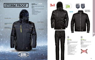 REFLEX INSERTS
TAPED SEAMS
WATERPROOF
ZIPPER CLOSURES
FOLDAWAY HOOD
3 1
IN
MC4712Q4
DAYTONA JACKET
EN 343
MATERIAL: PU coated Polyester Ripstop fabric, 160 g/m² padding
COLOUR: blue
SIZES: S-3XL
∙
∙ Central zipper closure with inner and outer flap and concealed
snap buttons
∙
∙ Elasticated cuffs
∙
∙ Zippered waterproof chest pocket
∙
∙ Chest pocket with flap and ID badge holder loop
∙
∙ Two lower pockets with wear-resistant trims
∙
∙ Foldaway hood
∙
∙ Inner pocket closed with Velcro
∙
∙ Inserts in reflective fabric
MC4713Z9
TRIAL JACKET
EN 343
MATERIAL: Twill Stretch bilaminate Clipper-Tex fabric,
polyester lining, Nylon inner with 120 g/m² padding
COLOUR: black
SIZES: S-4XL
∙
∙ Three-in-one model with detachable inner jacket
∙
∙ Heat-sealed seams
∙
∙ Concealed zipper closure with snap buttons
∙
∙ Foldaway hood, adjustable with drawstring
∙
∙ Zippered waterproof chest pocket
∙
∙ Chest pocket with flap and badge holder loop
∙
∙ Muff pockets on sides
∙
∙ Elasticated cuffs adjustable with Velcro
∙
∙ Internal pocket with Velcro fastening
∙
∙ Inserts in reflective fabric
∙
∙ The inner jacket, which can be worn separately, 		
it is fitted with:
∙
∙ Two side zippered pockets
∙
∙ Inner wallet pocket with Velcro closure
∙
∙ Abrasion resistant polyester cuffs
MC4717Z9
TRIAL TROUSERS
EN 343
MATERIAL: Twill Stretch bilaminate Clipper-Tex fabric,
polyester lining
COLOUR: black
SIZES: S-3XL
∙
∙ Elasticated waistband with string closure
∙
∙ Interior-to-exterior side openings
∙
∙ Back pocket with flap and Velcro
∙
∙ Inserts in reflective fabric
LAMINATED RIPSTOP
FABRIC
EN 343 EN 343
NEW
NEW
120
G/M2
PADDING
DETACHABLE
INNER JACKET
STORM PROOF
233
232
 