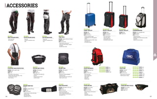 ACCESSORIES
MC4914P0 COLOUR: blue
236 237
MC4911
KGUARD KNEE PAD
EN 14404
MATERIAL: Lightweight EVA foam
COLOUR: black
SIZES: one size fits all
∙
∙ Variable thickness, tortoise shell design
∙
∙ Ergonomic shape
∙
∙ Multi-groove pattern
∙
∙ Dimensions 23x17.5 cm
MC4922QR
PACIFIC TROLLEY
MATERIAL: Nylon
COLOUR: navy blue/red
SIZES: 35 x 30 x 60 cm
∙
∙ Semi-rigid trolley bag
∙
∙ Three outer pockets
∙
∙ Two-way zipper closure
∙
∙ Retractable telescopic handle
MC4923QR
PACIFIC TROLLEY
MATERIAL: Nylon
SIZES: Height 50 cm
MC4920L0
ALEXIS BACKPACK
MATERIAL: Light Nylon fabric
COLOUR: red
SIZES: 41 x 30 x 14 cm
∙
∙ Outer mesh pocket
∙
∙ Various compartments
∙
∙ Zipper closures
∙
∙ Side buckles
∙
∙ Retaining rings
MC4916B0
COPENAGHEN BAG
MATERIAL: Extra-strong Nylon fabric
COLOUR: grey/black
SIZES: 70 x 37 cm
∙
∙ Zippered side pockets
∙
∙ Adjustable and retractable aluminium handle
∙
∙ Two handles
∙
∙ Rubberized aluminium wheels
MC4917X5
OVERLAND BAG
MATERIAL: two-tone fabric
COLOUR: black/camo
SIZES: 25 x 29 x 60 cm
∙
∙ Waterproof zipper on the three outer
pockets
∙
∙ Two handles
∙
∙ Adjustable shoulder strap
MC4918X5
OVERLAND BELT POUCH
MATERIAL: two-tone fabric
COLOUR: black/camo
SIZES: Height 15 cm
MC4914N0
SPORT BAG
MATERIAL: Polyamide
COLOUR: light blue
SIZES: 34 x 53 x 44 cm
∙
∙ Lower hard part to store shoes
∙
∙ Flexible top part for clothes
MC4948
HELMET BAG
MATERIAL: 100% polyester
COLOUR: black
SIZES: 38 x 40 cm
∙
∙ Mesh fabric for better breathability
∙
∙ Drawstring closure
∙
∙ Protects the helmet from scratches and
makes it easier to carry
MC4949
TIBIA SAFE
MATERIAL: Polyester, EVA foam, TPU, Nylon
COLOUR: black
SIZES: one size fits all
∙
∙ Tibial protection and knee pad
∙
∙ Protects from small splinters, splashes 	
and impacts
∙
∙ Adjustable elastic bands
MC4947
PPE BAG BELT POUCH
MATERIAL: 100% polyester
COLOUR: black
SIZES: Height 14 cm
∙
∙ Compartments to carry filters and
half mask
∙
∙ Protects from dirt and small
accidental impacts
MC4950
K-SUPPORT BACK PROTECTION
MATERIAL: Rubber, polyester, Nylon
COLOUR: black
SIZES: S-2XL
∙
∙ Back support for heavy-duty jobs
∙
∙ Provides support when lifting loads, in order 		
to maintain correct posture
∙
∙ Velcro fastening
MC4951N0
GARDA TROLLEY
MATERIAL: ABS
COLOUR: light blue
SIZES: 38 x 20 x 55 cm
∙
∙ Telescopic aluminium handle
∙
∙ Expandable by 5 cm, for 25% additional
capacity
∙
∙ Four noiseless wheels with 360° motion
∙
∙ Combination lock
∙
∙ Inner partition pockets
MC4925
HARD WEAR BELT
MATERIAL: 80% polyester, 20% cotton
COLOUR: black
SIZES: one size fits all
∙
∙ Nickel-free metal buckle
∙
∙ Quick and easy locking system
∙
∙ 40 mm rigid fabric for extra durability
∙
∙ Max length 125 cm
MC4920P0 COLOUR: blue
MC4920Z9 COLOUR: black
MC4920B0 COLOUR: grey
MC4920H0 COLOUR: orange
MC4914Z9 COLOUR: black
MC4914B0 COLOUR: grey
MC4914R6 COLOUR: green
MC4914L0 COLOUR: red
MC4914H0 COLOUR: orange
MC4914E0 COLOUR: yellow
MC4952
MUFF HOLDER HOOK
∙
∙ Muff or glove hook
∙
∙ Belt attachment
MC4953
GLOVE HOLDER HOOK
∙
∙ Glove hook
∙
∙ Carabiner for attachment on belt
loops
MC4954
CAP HOLDER HOOK
∙
∙ Helmet hook
∙
∙ Carabiner for attaching on belt
loops
 