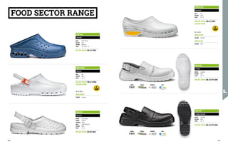 FOOD SECTOR RANGE
MB1414
ARGON
SOLE: SEBS material
TOECAP: steel
COLOUR: light blue
SIZES: 35 - 36 / 45 - 46
EN ISO 20345 SB A E SRC
MB1415K1
BRERA
SOLE: EVA
COLOUR: white
SIZES: 34 - 47
EN ISO 20347 OB A E SRC
CEI EN 61340
MB1417K1
BLANCA
SOLE: EVA
COLOUR: white
SIZES: 34 - 47
EN ISO 20347 OB A E SRC
CEI EN 61340
MB1320
CLIMA
UPPER: microfibre
COLOUR: white
SIZES: 35 - 47
EN ISO 20345 SB A E FO SRC
MB1318
CLIMA BLACK
UPPER: microfibre
COLOUR: black
SIZES: 35 - 47
EN ISO 20345 SB A E FO SRC
MB1413
RECIFE
UPPER: bicast leather
LINING: synthetic
FOOTBED: leather
SOLE: single-density PU
COLOUR: white
SIZES: 35 - 46
EN ISO 20347 O2 FO SRC
NOT IN PHOTO
MB1415N0
COLOUR: light blue
Not in photo:
MB1417N0
COLOUR: light blue
MB1417Z9
COLOUR: black
LINING TOECAP FOOTBED SOLE
LINING TOECAP FOOTBED SOLE
240 241
 