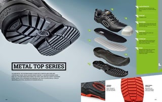 METAL TOP SERIES
DIRECTIONAL
OUTSOLE
Wide grooves in the
middle area designed to
enhance grip on ladders.
06
04
03
01
02
05
01 LACE EYELETS
shock-proof, their three-dimensional shape
offers first protection in the event of metatarsus
impacts
02 TOECAP
in fibreglass or steel
03 FOOTBED
Multi-Hole in multi-perforated EVA material with
high draining power, thickness 3 mm in toe area
and 10 mm in heel area
04 MIDSOLE
"T-FLEX" composite with constant 4 mm
thickness or in steel
05 OVERCAP
assures long shoe duration, by protecting the
leather on the front part from the inevitable
shocks that occur during work
06 SOLE
deep grooves with draining effect in presence
of liquids and anti-slip SRC standard.
Wide groove on the middle area designed to
enhance grip on ladders
THINNER
PROFILE
Assures a sensation of
lightness, flexibility and
has an anti-stress effect.
THE NEW METAL TOP FOOTWEAR RANGE IS MADE WITH A PARTICULARLY WIDE AND
COMFORTABLE SHAPE, WHICH ASSURES GREAT COMFORT. IT HAS BEEN DESIGNED USING
WIDE CELL POLYURETHANE WHICH MAKES THE SHOES LIGHT AND HAS A GREAT CUSHIONING
EFFECT. METAL TOP IS FOOTWEAR FOR UNIVERSAL USE THAT IS SUITED FOR ALL TYPES OF
INDUSTRIAL ACTIVITIES, ASSURING OUTSTANDING RESULTS.
248 249
 