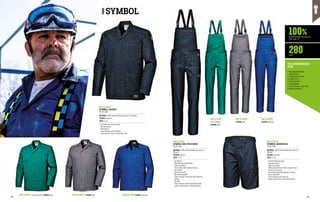 MC1114Q7
SYMBOL JACKET
EN ISO 13688
MATERIAL: 100% Sanforized Massaua cotton 2/1, 280 g/m²
COLOUR: navy blue
SIZES: 44-62
∙
∙ Concealed four-buttons closure
∙
∙ Two side pockets
∙
∙ Chest pocket
∙
∙ Triple stitching on the shoulders
∙
∙ Seams and bar tacks in contrasting colour
Fabric 250 g/m² COLOUR: green COLOUR: grey COLOUR: royal blue
MC1124R7 MC1114B4 MC1114P8
MC1113Q7
SYMBOL BIB-TROUSERS
EN ISO 13688
MATERIAL: 100% Sanforized Massaua cotton 2/1,
280 g/m²
COLOUR: navy blue
SIZES: 44-62
∙
∙ Fly with zip
∙
∙ Adjustable waist with buttons
∙
∙ Elastic waistband
∙
∙ Front pockets with reinforced seams
∙
∙ Back pocket
∙
∙ Right ruler pocket
∙
∙ Bib with two pockets
∙
∙ Elastic shoulder straps with quick-fastening
buckles
∙
∙ Rear bib
∙
∙ Triple stitching on outer leg and bib pocket
∙
∙ Seams and bar tacks in contrasting colour
MC1112Q7
SYMBOL BERMUDAS
EN ISO 13688
MATERIAL: 100% Sanforized Massaua cotton 2/1, 		
280 g/m²
COLOUR: navy blue
SIZES: 44-62
∙
∙ Fly with button and zipper
∙
∙ Side welt pockets
∙
∙ Right ruler pocket
∙
∙ Utility pocket with pen holder, flap and Velcro
closure on the left leg
∙
∙ Back pockets with flap and Velcro closure
∙
∙ Elastic waistband
∙
∙ Triple stitching on the outer leg
∙
∙ Seams and bar tacks in contrasting colour
COLOUR: grey COLOUR: royal blue
MC1123R7 MC1113B4 MC1113P8
100%
280
SANFORIZED MASSAUA
COTTON 2/1
G/M2
•	METALWORKING
INDUSTRY
•	CONSTRUCTION
•	LOGISTICS
•	TRANSPORT
•	PLUMBING
•	ELECTRICAL SECTOR
•	MAINTENANCE
RECOMMENDED
FOR
SYMBOL
Fabric 250 g/m²
COLOUR: green
22 23
 