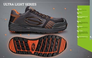 ULTRA LIGHT SERIES
06
07 05
04
01
02 03
01 UPPER
without seams for greater foot fitting
02 TOECAP
in fibreglass
03 HIGH DURABILITY CAP
SYSTEM
High durability overcap in TPU
04 SOLE
Ultra Light in highly expanded EVA material,
with high anti-shock properties, which makes
the shoes lighter
05 MIDSOLE
in "T-FLEX" composite with constant 4 mm
thickness
06 FOOTBED
Memory Foam in two-component material
with shell in polyurethane foam and memory
PU having variable thickness. Anti-shock and
antistatic
07 REAR SUPPORT IN TPU
to optimize stability in the heel area
263
262
 