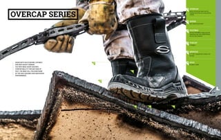 SHOES WITH SOLID DESIGN, SUITABLE
FOR VERY ROUGH TERRAIN.
THE VERY WIDE SHAPE ASSURES
COMFORTABLE FIT FOR ANY KIND OF
FEET. THE WIDE CELL POLYURETHANE
OF THE SOLE ASSURES HIGH ANTISHOCK
PERFORMANCE.
01 OVERCAP
protects the front part leather from the
inevitable shocks that occur during working
activities
02 UPPER
water repellent grain leather
03 FOOTBED
antistatic RESPONDER in highly supportive
polyurethane foam, with variable thickness
and anti-shock properties
04 TOECAP
in fibreglass
05 MIDSOLE
in "T-FLEX" composite with constant 4 mm
thickness
06 SOLE
PU FORCE in PU/PU
01
02
03
05
06
04
OVERCAP SERIES
268 269
 