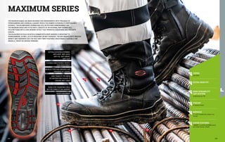 01 02
05
04
03
06
THE MAXIMUM RANGE HAS BEEN DESIGNED FOR ENVIRONMENTS WITH PRESENCE OF
HYDROCARBONS AND CHEMICALS AGAINST WHICH THE RUBBER OUTERSOLE IS PARTICULARLY
SUITABLE. THE BICOMPONENT RUBBER MAX SOLE IN POLYURETHANE/RUBBER THAT
THE MAXIMUM SHOES ARE FITTED WITH, CONSISTS OF AN INTERNAL PART IN WIDE CELL
POLYURETHANE WITH A HIGH MEMORY EFFECT THAT PROMOTES CUSHIONING AND PREVENTS
SHOCKS.
THE BLACK/RED OUTSOLE IN NITRILE RUBBER WITH DEEP GROOVES IS RESISTANT TO
HYDROCARBONS, AS WELL AS SLIP RESISTANT ON WET SURFACES. THE RED INSERTS WITH GREATER
DENSITY AND HARDNESS GIVE THE SOLE ANTI-TWIST FEATURES, WHICH MAKE IT SUITABLE FOR
GRAVELLY, ROCKY OR UNEVEN TERRAINS.
MAXIMUM SERIES
01 UPPER
grain leather
02 EXTRA WIDE FIT
03 HIGH DURABILITY
CAP SYSTEM
durability overcap in TPU
04 TOECAP
in composite material
05 MIDSOLE
in "T-FLEX" composite with constant 4 mm
thickness
06 SUPER-FOOTBED
“MAXIMUM” in solid EVA and RUBBER material
with variable thickness, antistatic
OUTSOLE IN NITRILE RUBBER,
ANTI-HEAT, ANTI-ACID,
ANTI-OIL, ANTI-WEAR,
ANTI-SLIP
INFINITE TYPE SIDE GROOVES FOR
DRAINAGE OF LIQUIDS
HIGH TENACITY TPU MESH
IN CONTRASTING COLOUR TO
ENSURE ANTI-TWIST
FLEXIBLE AREA DOUBLE HEIGHT
HIGH RESISTANCE
RUNG STOP CRAMPONS FOR A
BETTER STABILITY ON LADDERS
SHOCK ABSORBER
275
274
 