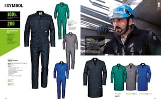MC1117Q7
SYMBOL COVERALL
EN ISO 13688
MATERIAL: 100% Sanforized Massaua cotton 2/1, 280 g/m²
COLOUR: navy blue
SIZES: 44-62
∙
∙ Concealed two-way zipper closure
∙
∙ Two side welt pockets
∙
∙ Shoulder area reinforced with triple stitching
∙
∙ Back elasticated waistband
∙
∙ Two zippered chest pockets
∙
∙ Right ruler pocket
∙
∙ Back pocket
∙
∙ Seams and bar tacks in contrasting colour
COLOUR: grey
COLOUR: royal blue
MC1117B4
MC1117P8
MC1128R7 COLOUR: grey
MC1118B4 COLOUR: royal blue
MC1118P8
MC1118Q7
SYMBOL COAT
EN ISO 13688
MATERIAL: 100% Sanforized Massaua cotton 2/1,
280 g/m²
COLOUR: navy blue
SIZES: 44-62
∙
∙ Knee-length with triple contrasting stitching on the
shoulders
∙
∙ Concealed four-buttons closure
∙
∙ Two lower pockets and one chest pocket
∙
∙ Seams and bar tacks in contrasting colour
SYMBOL
100%
280
SANFORIZED MASSAUA
COTTON 2/1
G/M2
•	METALWORKING
INDUSTRY
•	CONSTRUCTION
•	LOGISTICS
•	TRANSPORT
•	PLUMBING
•	ELECTRICAL SECTOR
•	MAINTENANCE
RECOMMENDED
FOR
MC1127R7
MATERIAL: fabric 250 g/m²
COLOUR: green
SIZES: 44-62
∙
∙ Two side patch pockets
∙
∙ Zippered chest pocket
∙
∙ Elastic knitted cuffs
Fabric 250 g/m²
COLOUR: green
24 25
 