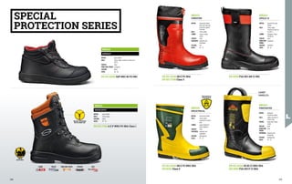MB2413
FORESTIER
UPPER: vulcanized rubber
with front and side
protection against
chainsaw
SOLE: nitrile rubber
LINING: natural canvas
cotton
TOECAP: steel
FOOTBEDS: anatomic and
breathable
COLOUR: red
SIZES: 39 - 47
MB2416
DIELECTRICAL
UPPER: vulcanised rubber
SOLE: nitrile rubber
resistant to contact
heat
LINING: special dielectric
grade polyester
TOECAP: steel
FOOTBEDS: anatomic and
breathable
COLOUR: yellow/green
SIZES: 39 - 47
MB2415
FIREFIGHTER
UPPER: heatproof
vulcanised rubber
SOLE: rubber resistant to
contact heat
LINING: heavy duty canvas
cotton
TOECAP: steel
PUNCTURE-
PROOF:
steel
FOOTBEDS: anatomic and
breathable
COLOUR: black/yellow
SIZES: 39 - 47
MB2414
APOLLO 12
UPPER: greased full grain
leather
SOLE: nitrile rubber
resistant to heat up
to 250° C
LINING: Sympatex / Tepor
membrane
TOECAP: steel
PUNCTURE-
PROOF:
composite
COLOUR: black/red
SIZES: 38 - 47
SPECIAL
PROTECTION SERIES
DIELECTRIC
FO OTWEA R
QUICK OPENING
W IT H SIDE ZIP
CARRY
HANDLES
LINING TOECAP PUNCTURE-PROOF FOOTBED SOLE
SOLE
SLIP OUT
MB2412
ASPHALT
UPPER: grain leather
SOLE: nitrile rubber resistant to heat up to
250° C
TOECAP: steel
PUNCTURE-PROOF: composite
COLOUR: black
SIZES: 40 - 46
EN ISO 20345 S2P HRO HI FO SRC
MB2411
SAVER BOOT
UPPER: grain leather
SOLE: nitrile rubber
COLOUR: black
SIZES: 39 - 47
EN ISO 17249 A E P WRU FO SRA Class 1
EN ISO 20345 SB E FO SRA
EN ISO 17249 Class 3
EN ISO 20345 SB E FO HRO SRA
EN 50321 Class 0
EN 15090 F2A HI3 AN CI SRC
EN ISO 20345 S5 HI CI HRO SRA
EN 15090 F2A HI3 P CI SRA
278 279
 