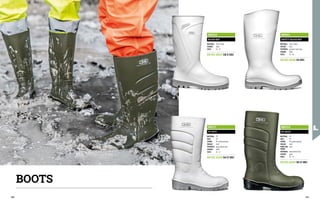 MB2612
BLOOD REP
MATERIAL: nitrile rubber
COLOUR: white
SIZES: 36 - 47
EN ISO 20347 OB E SRC
MB2611
SAFETY BLOOD REP
MATERIAL: nitrile rubber
TOECAP: steel
FOOTBEDS: antistatic latex foam
COLOUR: white
SIZES: 36 - 48
EN ISO 20345 S4 SRC
MB2711
PU-BOOT
MATERIAL: PU
SOLE: PU
LINING: PU coated polyester
TOECAP: steel
FOOTBEDS: polyurethane foam
COLOUR: white
SIZES: 36 - 47
EN ISO 20345 S4 CI SRC
MB2713
PU-BOOT
MATERIAL: PU
SOLE: PU
LINING: PU coated polyester
TOECAP: steel
PUNCTURE-
PROOF:
steel
FOOTBEDS: polyurethane foam
COLOUR: green
SIZES: 36 - 49
EN ISO 20345 S5 CI SRC
BOOTS
280 281
 