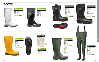 BOOTS
MB2511
U2
MATERIAL: nitrile PVC
TOECAP: steel
COLOUR: white
SIZES: 36 - 47
EN ISO 20345 S4 SRA
MB2516
SUPER WET
MATERIAL: PVC
HEIGHT: knee
COLOUR: green
SIZES: 39 - 47
EN ISO 20347 OB E SRA
Not in photo:
MB2515
WET
MATERIAL: PVC
HEIGHT: calf
COLOUR: green
SIZES: 39 - 47
MB2517
WADER
MATERIAL: PVC + nitrile rubber
LINING: polyester
TOECAP: steel
PUNCTURE-
PROOF:
steel
COLOUR: green
SIZES: 39 - 46
EN ISO 20345 S5 SRC
MB2512E0
UB40
MATERIAL: PVC
TOECAP: steel
PUNCTURE-
PROOF:
steel
COLOUR: yellow
SIZES: 36 - 46
EN ISO 20345 S5 SRA
MB9711
COLD RESISTANT SOCK
MATERIAL: eco wool
COLOUR: white
SIZES: 36 - 47
MB2715
PETROL
MATERIAL: PU
SOLE: PU/TPU
LINING: PU coated polyester
TOECAP: fibreglass
PUNCTURE-
PROOF:
composite
FOOTBEDS: in polyurethane foam
COLOUR: black
SIZES: 39 - 47
EN ISO 20345 S5 CI SRC
MB2714
JUMBO
MATERIAL: PU
SOLE: PU/TPU
LINING: 30% wool, 30% acrylic,
40% polyester
TOECAP: fibreglass
PUNCTURE-
PROOF:
composite
COLOUR: black
SIZES: 39 - 47
EN ISO 20345 S5 CI SRC
MB2512Z9
UB 40
MATERIAL: PVC
TOECAP: steel
PUNCTURE-
PROOF:
steel
COLOUR: black
SIZES: 36 - 47
EN ISO 20345 S5 SRA
282 283
 