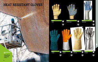 •	METALLURGIC AND
FOUNDRY INDUSTRY
•	GLASS INDUSTRY
•	CEMENT WORKS
•	CATERING
RECOMMENDED
FOR
4 2 X X X X
EN 407
2 1 4 X X
EN 388
MA1616
OWEN
MATERIAL: Nomex and Kevlar® knit fabric
∙
∙ Highly insulating cotton knit lining
∙
∙ Elasticated knit cuff
∙
∙ Colour: yellow
∙
∙ Dexterity 4
∙
∙ Size M-XL
4 2 X X X X
EN 407
2 1 4 X X
EN 388
MA1617
SILICON OWEN
MATERIAL: Nomex and Kevlar® knit fabric with
anti-slip silicone stripes on palm
∙
∙ Highly insulating cotton knit lining
∙
∙ Elasticated knit cuff
∙
∙ Colour: yellow
∙
∙ Dexterity 4
∙
∙ Size M-XL
4 2 X X X X
EN 407
2 1 4 X X
EN 388
MA1618
LONG OWEN
MATERIAL: Nomex and Kevlar® knit fabric with
anti-slip silicone dots on palm
∙
∙ Highly insulating cotton knit lining
∙
∙ 14 cm stretch knit cuff
∙
∙ Colour: white
∙
∙ Dexterity 4
∙
∙ Size M-XL
MA1126
GUMARE
MATERIAL: Heat resistant split leather
specific for welding with
heat resistant Kevlar®
seams
∙
∙ Heat resistant cotton lining
∙
∙ Total length 40 cm
∙
∙ Colour: orange/grey
∙
∙ Dexterity 1
∙
∙ Size 10
4 2 3 X 3 X
EN 407
4 3 4 4 X
EN 388
4 2 X X X X
EN 407
3 1 4 2 X
EN 388
MA1118
TAIWAN
MATERIAL: Heat-resistant split leather
∙
∙ Denim cotton lining
∙
∙ Total length 35 cm
∙
∙ Colour: green
∙
∙ Dexterity 4
∙
∙ Size 10
4 1 2 3 4 X
EN 407
2 3 4 2 B X
EN 388
MA1613
WYOMING
MATERIAL: 100% para-aramid fibre
and aluminised film
∙
∙ Total length 38 cm
∙
∙ Colour: aluminium
∙
∙ Dexterity 5
∙
∙ Size 10
4 3 X X 4 X
EN 407
2 4 4 3 X X
EN 388
MA1612
MISSOURI
MATERIAL: 85% para-aramid, 15%
polyamide
∙
∙ TNT Modacrylic lining
∙
∙ Total length 38 cm
∙
∙ Colour: yellow
∙
∙ Dexterity 2
∙
∙ Size 10
HEAT RESISTANT GLOVES
296 297
 