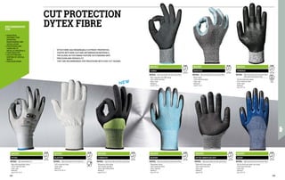 4 X 4 2 B
EN 388
MA1512
DYTEX
MATERIAL: High tenacity Dytex knit
∙
∙ Wear-proof polyurethane coating
∙
∙ Cuff in stretch knit fabric
∙
∙ Colour: grey
∙
∙ Dexterity 5
∙
∙ Size 6-7-8-9-10-11
4 X 4 3 D
EN 388
MA1515
HERCULE
MATERIAL: High tenacity Dytex knit with special fibres
∙
∙ Nitrile coating
∙
∙ Cuff in stretch knit fabric
∙
∙ Colour: grey
∙
∙ Dexterity 5
∙
∙ Size 8-9-10-11
4 X 4 3 D
EN 388
MA1533
DYTEX INNOFLEX DOT
MATERIAL: High tenacity Dytex knit with special fibres
∙
∙ Dotted nitrile foam coating
∙
∙ Cuff in stretch knit fabric
∙
∙ Colour: grey
∙
∙ Dexterity 5
∙
∙ Size 8-9-10
4 X 4 3 E
EN 388
MA1511
SLAUTER
MATERIAL: High tenacity Dytex knit with steel core
∙
∙ Cuff in stretch knit fabric
∙
∙ Colour: white
∙
∙ Dexterity 5
∙
∙ Size 6-7-8-9-10-11
3 X 4 4 D
EN 388
MA1513
COBRA
MATERIAL: High tenacity Dytex knit with special fibres
∙
∙ Micro-rough wear-proof NBR coating
∙
∙ Cuff in stretch knit fabric
∙
∙ Colour: black
∙
∙ Dexterity 5
∙
∙ Size 8-9-10-11
4 X 4 3 D
EN 388
MA1516
MARINE
MATERIAL: High tenacity Dytex knit with special fibres
∙
∙ Polyurethane coating
∙
∙ Cuff in stretch knit fabric
∙
∙ Colour: light blue
∙
∙ Dexterity 5
∙
∙ Size 7-8-9-10
4 X 4 2 D
EN 388
MA1517
AIDEN
MATERIAL: High tenacity Dytex knit with special fibres
∙
∙ Anti-slip nitrile foam double coat coating
∙
∙ Cuff in stretch knit fabric
∙
∙ Colour: blue
∙
∙ Dexterity 5
∙
∙ Size 7-8-9-10
•	INDUSTRIAL
ASSEMBLY AND
MOUNTING,
MAINTENANCE AND
INSTALLATION
•	PROCESSING AND
HANDLING OF
METALLIC MATERIALS
•	FOOD INDUSTRY
•	COLLECTION AND
SORTING OF SPECIAL
WASTE
•	PRECISION WORK
RECOMMENDED
FOR
CUT PROTECTION
DYTEX FIBRE
MA1514
SYNERGY
MATERIAL: High tenacity Dytex knit and special fibres
with acrylic thermal effect lining
∙
∙ Anti-slip nitrile foam coating
∙
∙ Cuff in stretch knit fabric
∙
∙ Colour: black
∙
∙ Dexterity 3
∙
∙ Size 7-8-9-10
4 X 4 4 D
EN 388
X 1 X
EN 511
MA1530
CYBERCUT
MATERIAL: High tenacity Dytex fabric with special fibres
∙
∙ Microporous nitrile coating
∙
∙ Cuff in stretch knit fabric
∙
∙ Colour: high visibility yellow
∙
∙ Dexterity 5
∙
∙ Size 8-9-10-11
3 5 4 X C
EN 388
DYTEX FIBRE HAS REMARKABLE CUTPROOF PROPERTIES.
COATED WITH NON-SLIP AND ANTIABRASION MATERIALS,
THE GLOVES IN THIS RANGE FEATURE OUTSTANDING GRIP,
PRECISION AND VERSATILITY.
THEY ARE RECOMMENDED FOR PROCESSING WITH HIGH CUT HAZARD.
304 305
 