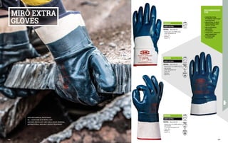 MA1220
MIRÒ EXTRA
MATERIAL: Heavy cotton knit
∙
∙ Abrasion proof, anti-oil NBR coating on
palm and back
∙
∙ Cotton cloth gauntlet cuff
∙
∙ Colour: blue
∙
∙ Dexterity 4
∙
∙ Size 8-9-10
G K L
ENISO374-1
TYPE B
4 2 3 2 X
EN 388
ENISO374-5
MA1219
MIRÒ EXTRA
MATERIAL: Heavy cotton knit
∙
∙ Abrasion proof, anti-oil NBR coating
∙
∙ Cotton cloth gauntlet cuff
∙
∙ Colour: blue
∙
∙ Dexterity 4
∙
∙ Size 8-9-10
4 2 3 2 X
EN 388
MA1221
MIRÒ EXTRA
MATERIAL: Heavy cotton knit
∙
∙ Abrasion proof, anti-oil NBR coating on
palm and back
∙
∙ 12 cm cotton cloth gauntlet cuff
∙
∙ Colour: blue
∙
∙ Dexterity 3
∙
∙ Size 8-9-10
G K L
ENISO374-1
TYPE B
4 2 3 2 X
EN 388
ENISO374-5
•	CONSTRUCTION,
PLUMBING AND PLANT
ENGINEERING
•	INDUSTRIAL PLANTS
MAINTENANCE AND
INSTALLATION
•	METALWORKING
INDUSTRY
•	FOUNDRIES
•	HANDLING, LOGISTICS
AND TRANSPORT
•	STORAGE AND
PACKAGING
RECOMMENDED
FOR
HIGH MECHANICAL RESISTANCE.
OIL, LIQUID AND ACID REPELLENT.
ASSURES EXCELLENT GRIP AND A QUICK REMOVAL.
ANTIBACTERIAL AND ANTI-ODOUR TREATMENT.
MIRÒ EXTRA
GLOVES
309
308
 