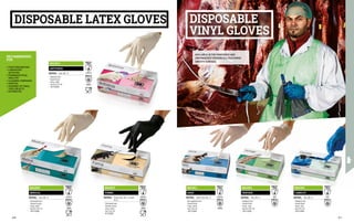 MA2014
ANTIVIRUS
MATERIAL: Latex, AQL 1,5
∙
∙ Powdered inner
∙
∙ Smooth finish
∙
∙ Colour: white
∙
∙ Size XS-S-M-L-XL
∙
∙ 100 PCS/BOX
MA1911
DAILY
MATERIAL: Stretch vinyl, AQL 1.5
∙
∙ Non-powdered inner
∙
∙ Smooth finish
∙
∙ Colour: white
∙
∙ Size S-M-L-XL
∙
∙ 100 PCS/BOX
MA1912
VANTAGE
MATERIAL: Vinyl, AQL 1.5
∙
∙ Powdered inner
∙
∙ Smooth finish
∙
∙ Colour: clear
∙
∙ Size XS-S-M-L-XL
∙
∙ 100 PCS/BOX
MA1913
CAMELOT
MATERIAL: Vinyl, AQL 1.5
∙
∙ Powdered inner
∙
∙ Smooth finish
∙
∙ Colour: blue
∙
∙ Size S-M-L-XL
∙
∙ 100 PCS/BOX
MA2012
MEDICAL
MATERIAL: Latex, AQL 1,5
∙
∙ Chlorinated inner
∙
∙ Textured surface
∙
∙ Colour: white
∙
∙ Size XS-S-M-L-XL
∙
∙ 100 PCS/BOX
MA2013
FORMA
MATERIAL: Thicker latex, AQL 1.5, length
30 cm
∙
∙ Chlorinated inner
∙
∙ Textured surface
∙
∙ Colour: black
∙
∙ Size S-M-L-XL
∙
∙ 50 PCS/BOX
•	FOOD PREPARATION
•	LABORATORY
ACTIVITIES
•	PHARMACEUTICAL
INDUSTRY
•	CLEANING COMPANIES
•	HOSPITAL
•	ASSEMBLY OF SMALL
SIZED OBJECTS
•	AUTOMOTIVE
RECOMMENDED
FOR
AVAILABLE IN THE POWDERED AND
UNPOWDERED VERSION ALL FEATURING
SMOOTH SURFACE.
DISPOSABLE
VINYL GLOVES
DISPOSABLE LATEX GLOVES
A D G I K
ENISO374-1
TYPE B
ENISO374-5
VIRUS
A D G I K
ENISO374-1
TYPE B
ENISO374-5
VIRUS
A D G I K
ENISO374-1
TYPE B
ENISO374-5
VIRUS
A D G I K
ENISO374-1
TYPE B
ENISO374-5
VIRUS
G K L
ENISO374-1
TYPE B
ENISO374-5
G K L
ENISO374-1
TYPE B
ENISO374-5
310 311
 