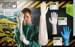 MA2115
NITRIL KLEEN
MATERIAL: Vacuum-packed nitrile
∙
∙ Length 31 cm with beaded cuff
∙
∙ Chlorinated inner
∙
∙ Textured surface
∙
∙ Colour: white
∙
∙ Size S-M-L-XL
∙
∙ 100 PCS/BOX
A D G I K
ENISO374-1
TYPE B
ENISO374-5
MA2417
INTEGRA 300
MATERIAL: Nitrile 0,2 mm
∙
∙ Length 65 cm
∙
∙ Not flock-lined
∙
∙ Roughened finish
∙
∙ Colour: white
∙
∙ Size XL
∙
∙ 1 pair/BOX
K T
ENISO374-1
TYPE C
0 0 0 1 X
EN 388
ENISO374-5
APOLLO AND NITRIL KLEEN
FEATURE CHLORINATED INNER
AND TEXTURED FINISH TO
ASSURE EXCELLENT GRIP.
APOLLO IS IN DOUBLE THICKNESS
LATEX FOR GREATER SAFETY.
•	POLICE FORCES AND
FORENSICS
•	LABORATORIES
•	PHARMACEUTICAL
AND CHEMICAL
INDUSTRY
•	CLEANING COMPANIES
•	ACTIVITIES IN
CLEANROOMS
RECOMMENDED
FOR
HIGH RISK
GLOVES
MA2011
APOLLO
MATERIAL: Latex, AQL 1,5
∙
∙ Length 29.5 cm with beaded cuff
∙
∙ Chlorinated inner
∙
∙ Textured surface
∙
∙ Colour: light blue
∙
∙ Size S-M-L-XL
∙
∙ 50 PCS/BOX
A D G I K
ENISO374-1
TYPE B
ENISO374-5
VIRUS
315
314
 