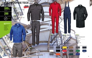 100%
280
SANFORIZED MASSAUA
COTTON 3/1
G/M2
RECOMMENDED
FOR
•	METALWORKING
INDUSTRY
•	CONSTRUCTION
•	LOGISTICS
•	TRANSPORT
•	AGRICULTURE
•	MAINTENANCE
•	CLEANING
MC1218
TECH COAT
EN ISO 13688
MATERIAL: 100% Sanforized Massaua cotton 3/1,
280 g/m²
COLOUR: various colours
SIZES: 38-66
∙
∙ Knee-length
∙
∙ Four buttons closure
∙
∙ Two front pockets
∙
∙ Chest pocket
∙
∙ Matching colour stitching
MC1212
TECH BERMUDAS
EN ISO 13688
MATERIAL: 100% Sanforized Massaua cotton
3/1, 280 g/m²
COLOUR: various colours
SIZES: 38-66
∙
∙ Fly with buttons
∙
∙ Side pockets
∙
∙ Back pocket with button closure
∙
∙ Utility pocket with flap and Velcro
MC1217
TECH COVERALL
EN ISO 13688
MATERIAL: 100% Sanforized Massaua cotton 3/1,
280 g/m²
COLOUR: various colours
SIZES: 38-66
∙
∙ Shirt collar
∙
∙ Two-way central zipper closure
∙
∙ Front pockets
∙
∙ Zippered chest pocket
∙
∙ Back elasticated waistband
MC1211
TECH TROUSERS
EN ISO 13688
MATERIAL: 100% Sanforized Massaua cotton 3/1, 280 g/m²
COLOUR: various colours
SIZES: 38-66
∙
∙ Fly with buttons
∙
∙ Side pockets
∙
∙ Back pocket with button closure
∙
∙ Utility pocket with flap and Velcro
∙
∙ Jointed double stitched seams on the outer leg for increased strength
MC1215
TECH SHORT JACKET
EN ISO 13688
MATERIAL: 100% Sanforized Massaua cotton 3/1, 280 g/m²
COLOUR: various colours
SIZES: 38-66
∙
∙ Concealed six-button closure
∙
∙ Chest pockets with flap and button
∙
∙ Cuffs fastened with button
MC1213
TECH BIB-TROUSERS
EN ISO 13688
MATERIAL: 100% Sanforized Massaua cotton 3/1,
280 g/m²
COLOUR: various colours
SIZES: 38-66
∙
∙ Adjustable, elasticated shoulder straps, 	
with quick-fastening buckles
∙
∙ Bib pocket
∙
∙ Side pockets
∙
∙ Back pocket with button closure
∙
∙ Rear bib and rear elasticated waistband
B4 MOUSEY GREY C2 ANTHRACITE E5 YELLOW V7 KHAKI Q7 NAVY BLUE
K1 WHITE Z9 BLACK L5 RED T4 DARK OLIVE GREEN R6 GREEN Q4 BLUE
B7 SLATE GREY H5 ORANGE M3 PLUM S6 DARK GREEN P8 ROYAL BLUE
B8 ASPHALT GREY
COLOURS AVAILABLE
MULTIPURPOSE TECH
SERIES
CUSTOMISED
GARMENTS
MC1214
TECH JACKET
EN ISO 13688
MATERIAL: 100% Sanforized Massaua cotton 3/1, 280 g/m²
COLOUR: various colours
SIZES: 38-66
∙
∙ Four buttons closure
∙
∙ Two front pockets
∙
∙ Chest pocket
NEW
FITTING
28 29
 