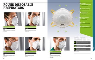 FA1211
FFP1 NR D
EN 149
Suitable for low toxicity environments, up to 4 times the TLV.
Pack of 20 pieces.
FA1212
FFP1 NR D
EN 149
With exhalation valve. Suitable for low toxicity environments,
up to 4 times the TLV.
Pack of 10 pieces.
FA1319
FFP2 NR D
EN 149
With exhalation valve. Suitable for medium toxic
environments, up to 12 times the TLV.
Pack of 10 pieces.
FA1323
FFP2 NR D
EN 149
With exhalation valve. Fitted with activated carbon layer.
Suitable for medium toxic environments, up to 12 times the
TLV.
Pack of 10 pieces.
FA1314
FFP2 NR D
EN 149
Suitable for medium toxic environments, up to 12 times the
TLV.
Pack of 20 pieces.
P1
P2
P3
CUPPED SEMI-RIGID MODEL,
FIXED ELASTIC,
COMPLIANT WITH EN 149:2001 + A1:2009
* TLV: threshold limit value
RESPIRATORS SUITABLE FOR SOLID OR LIQUID AEROSOL
CONCENTRATIONS UP TO 4 TIMES THE TLV*
RESPIRATORS SUITABLE FOR SOLID OR LIQUID AEROSOL
CONCENTRATIONS UP TO 12 TIMES THE TLV*
RESPIRATORS SUITABLE FOR SOLID OR LIQUID AEROSOL
CONCENTRATIONS UP TO 50 TIMES THE TLV*
01 INTERNAL
POLYURETHANE FOAM
acting as sealer around the nose
02 MOULDED NOSE CLIP
improves adhesion around the nose
03 ROBUST CUPPED
STRUCTURE
fitted with inner microfibre lining with low
breathing resistance
04 HYPOALLERGENIC
ELASTIC
perfect fit around the head
05 P1, P2, P3
code and level of protection identification
06 EXHALATION VALVE
facilitates rapid breathing during heavy tasks
03
01 02
04
05
06
ROUND DISPOSABLE
RESPIRATORS
330 331
 