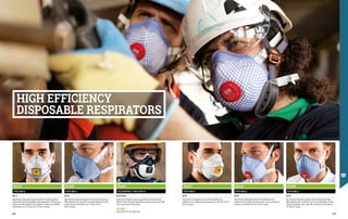 FA1413
FFP3 NR D
EN 149
High efficiency disposable respirator. With exhalation valve.
Suitable for use in highly toxic environments up to 50 times the TLV.
Pack of 5 pieces.
FA1330
FFP2 NR D
EN 149
High efficiency disposable respirator with activated carbon layer.
With exhalation valve. Specific for acid gases below the TLV and
medium toxicity environments up to 12 times the TLV.
Pack of 5 pieces.
FA1412
FFP3 NR D
EN 149
High efficiency disposable respirator. With exhalation valve.
Suitable for use in highly toxic environments, such as aerosol and
asbestos, up to 50 times the TLV. Pack of 5 pieces.
FA1416
FFP3 NR D
EN 149
High efficiency disposable respirator. With activated carbon layer.
With exhalation valve. Suitable for use in toxic environments, as with
aerosol and asbestos, with a high level of toxicity up to 50 times the
TLV. Pack of 5 pieces.
FA1419
FILTERSPEC®
PRO FFP3 V
EN 149 EN 166
Solution that integrates respiratory protection with eye protection.
Efficient 3-layer filter with low breathing resistance valve. Lenses with
scratch-proof and anti-fog coating.
FA1327
FFP2 NR D
EN 149
High efficiency disposable respirator, specific for welding activities.
Active carbon layer with exhalation valve. Appropriate for filtering acid
vapours and fumes below the TLV. Suitable for medium toxic polluted
environments, up to 12 times the TLV. Pack of 5 pieces.
HIGH EFFICIENCY
DISPOSABLE RESPIRATORS
FA1332
Version with FFP2 anti-odour filter.
336 337
 
