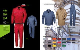 65%
35%
240
POLYESTER
COTTON 3/1
G/M2
RECOMMENDED
FOR
•	FOOD PROCESSING
•	CLEANING
•	MAINTENANCE
•	LOGISTICS
•	TRANSPORT
•	PLASTIC PROCESSING
MC1415
EVOLUTION SHORT JACKET
EN ISO 13688
MATERIAL: Evolution fabric 65% polyester and 35% cotton, 240 g/m²
COLOUR: various colours
SIZES: 38-66
∙
∙ Concealed six-button closure
∙
∙ Chest pockets with flap and buttons
∙
∙ Cuffs with button
∙
∙ Jointed double stitched seams
∙
∙ Reinforcement bar tacks
MC1411
EVOLUTION TROUSERS
EN ISO 13688
MATERIAL: Evolution fabric 65% polyester and 35% cotton, 240 g/m²
COLOUR: various colours
SIZES: 38-66
∙
∙ Fly with buttons
∙
∙ Side pockets
∙
∙ Back pocket with button closure
∙
∙ Utility pocket with flap and Velcro
∙
∙ Double stitching on the outer leg for increased strength
∙
∙ Reinforcement bar tacks
MC1417
EVOLUTION COVERALL
EN ISO 13688
MATERIAL: Evolution fabric 65% polyester and 35% cotton, 240 g/m²
COLOUR: various colours
SIZES: 38-66
∙
∙ Shirt collar
∙
∙ Two-way central zipper closure
∙
∙ Wide front pockets
∙
∙ Zippered chest pocket
∙
∙ Back elasticated waistband
∙
∙ Jointed double stitched seams
∙
∙ Reinforcement bar tacks
THE EVOLUTION FABRIC ENSURES HIGH MECHANICAL RESISTANCE, ITS BRIGHT COLOURS
WITHSTAND FREQUENT WASHES AND IS AVAILABLE IN A WIDE RANGE OF COLOURS.
MC1413
EVOLUTION BIB-TROUSERS
EN ISO 13688
MATERIAL: Evolution fabric 65% polyester 	
and 35% cotton, 240 g/m²
COLOUR: various colours
SIZES: 38-66
∙
∙ Adjustable, elasticated shoulder straps, 	
with quick-fastening buckles
∙
∙ Wide bib pocket
∙
∙ Side pockets
∙
∙ Back pocket with button closure
∙
∙ Rear bib
∙
∙ Back elasticated waistband
∙
∙ Jointed double stitched seams
∙
∙ Reinforcement bar tacks
MC1418
EVOLUTION COAT
EN ISO 13688
MATERIAL: Evolution fabric 65% polyester 	
and 35% cotton, 240 g/m²
COLOUR: various colours
SIZES: 38-66
∙
∙ Knee-length
∙
∙ Four buttons closure
∙
∙ Two front pockets and one chest pocket
∙
∙ Matching colour stitching
∙
∙ Reinforcement bar tacks
MC1414
EVOLUTION JACKET
EN ISO 13688
MATERIAL: Evolution fabric 65% polyester 	
and 35% cotton, 240 g/m²
COLOUR: various colours
SIZES: 38-66
∙
∙ Four-buttons closure
∙
∙ Two front pockets and one chest pocket
∙
∙ Jointed double stitched seams
∙
∙ Reinforcement bar tacks
A5 PEARL
A9 TURTLEDOVE
B4 MOUSEY GREY
C2 ANTHRACITE
K1 WHITE
Z9 BLACK
D5 OCHRE
E5 YELLOW
H5 ORANGE
V7 KHAKI
L5 RED
M3 PLUM T4 DARK OLIVE GREEN
R6 GREEN
S6 DARK GREEN
P4 TURQUOISE
Q7 NAVY BLUE
P8 ROYAL BLUE
COLOURS AVAILABLE
Q2 CORNFLOWER
BLUE
EVOLUTION
CUSTOMISED
GARMENTS
NEW
FITTING
32 33
 