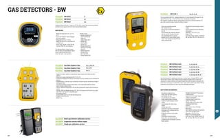 SA110008 Multi-gas detector calibration service
SA110009 Inspection service without repair
SA110007 Single gas calibration service
GAS DETECTORS - BW
∙
∙ Easy to use, one-button operation.
∙
∙ User-friendly LCD icons.
∙
∙ Real time gas concentrations displayed on
the LCD.
∙
∙ The red blinking non conformity indicators
alert the user that the detector has not
been tested (Bump Test) as required.
∙
∙ Automatic test for sensor integrity, battery
status, circuit integrity and acoustic/visual
alarms performed daily.
∙
∙ Integrated anti-shock and water resistant
casing.
∙
∙ Tested to withstand the most challenging
environments.
∙
∙ Dimensions: 12.0 x 6.8 x 3.2 cm.
∙
∙ Weight: 233 g.
∙
∙ Alarm Types: Visual, vibration, acoustic (95
dB); Low, High, TWA, STEL, Over Limit (OL).
FG110014 BW CLIP 4 H²S, CO, O², LEL
The four gas detector BW Clip4 - Hydrogen Sulphide (H²S), Carbon Monoxide (CO), Oxygen (O²) and
Combustible Gases (LEL) - is small and easy to wear, long-lasting and ergonomic.
After activation, the BW Clip4 detector remains always on and assures continuous operation for 2
years, with no need to charge or replace the battery or sensors.
MAIN FEATURES AND ADVANTAGES
∙
∙ Extraordinary simplicity of use.
∙
∙ Tamper-proof, one-button operation.
∙
∙ User-friendly LCD icons.
∙
∙ Easy maintenance and servicing.
∙
∙ Greater visibility thanks to the wide,
intuitive dot-matrix display for clearer
reading.
∙
∙ Smart gas layout for clearer sensor
reading.
∙
∙ Confined space mode.
∙
∙ IntelliFlash™ and Reverse IntelliFlash™
technology for full compliance with the
standards in force.
∙
∙ Honeycomb structure case for greater
sturdiness.
∙
∙ Smart layout of protection points.
∙
∙ Display with scratchproof protection.
∙
∙ Compatibility with the Honeywell Connected
Worker solution.
∙
∙ Honeywell TouchConnect™ technology to
activate functions.
∙
∙ Supported by the Honeywell Safety Suite
software to send reports.
∙
∙ Ergonomic design for ease of use.
∙
∙ Light yet sturdy design.
∙
∙ Perfectly adapts to your hand to make
sampling operations easier.
∙
∙ Ultra fast.
∙
∙ Rapid response sensor technology.
∙
∙ Wide display.
∙
∙ Quick calibration and bump test operations
thanks to the IntelliDoX system.
∙
∙ Dimensions: 14.8 x 8.5 x 4 cm.
∙
∙ Weight: 411 gr (including gripper).
∙
∙ Alarm types: visual, vibration, acoustic (95
dB); Low, High, TWA, STEL, Over Limit (OL).
FG110111 BW ULTRA 4 GAS O², LEL, H²S, CO
FG110112 BW ULTRA 5 GAS O², LEL, H²S, CO, CL²
FG110113 BW ULTRA 5 GAS O², LEL, H²S, CO, NH³
FG110114 BW ULTRA 5 GAS O², LEL, H²S, CO, SO²
FG110115 BW ULTRA 5 GAS O², LEL, H²S, CO, CO², IR
Specifically designed for sampling and monitoring in confined spaces, Honeywell BW Ultra boasts
state-of-the-art sensors, better visibility of the gas readings and higher levels of comfort and
connectivity. It assures conformity to all safety standards, also offers the option of selecting a fifth
sensor from a list of gases. It is fitted with a series 1 sensor, able to provide rapid response, reliable
performances and long service life even in the most challenging environments.
FG110108 BW SOLO O²
FG110109 BW SOLO CO
FG110110 BW SOLO H²S
Single gas detector with series 1 sensors for CO, H²S and O². Assures high accuracy, long duration
and faster sensor response time for the most commonly detected gases.
MAIN FEATURES
∙
∙ Withstands temperatures from -40 °C to
60 °C.
∙
∙ Easy to read display for several languages.
∙
∙ One button operation.
∙
∙ Measurements 7.0 x 6.7 x 3.6 cm.
∙
∙ Weight from 103 to 116 g, according to the
installed sensor.
∙
∙ Alarm: Visual, vibration, acoustic (95 dB);
Low, High, TWA, STEL, non conformity.
The single gas detector is easy to service,
does not need to be disassembled to replace
sensors, batteries and sensor filters.
Sensor life 5 years. 3-year guarantee.
Available sensors:
∙
∙ Hydrogen Sulphide (H²S)
∙
∙ Carbon monoxide (CO)
∙
∙ Oxygen (O²)
∙
∙ Sulphur Dioxide (SO²)
∙
∙ Hydrogen (H²)
∙
∙ Ammonia (NH³)
∙
∙ Chlorine (Cl²)
∙
∙ Nitrogen Dioxide (NO²)
∙
∙ Hydrocyanic Acid (HCN)
∙
∙ Ozone (O³)
∙
∙ Ethylene Oxide (ETO)
∙
∙ Phosphine (PH³)
∙
∙ Nitric Oxide (NO)
∙
∙ Chlorine Dioxide (ClO²)
FG110039 Gas Alert Quattro 4 Gas LEL, O², H²S, CO
FG110040 Gas Alert Quattro 3 Gas LEL, O², CO
FG110041 Gas Alert Quattro 2 Gas LEL, O²
∙
∙ Rugged and reliable, combines a comprehensive range of features with simple one-button
operation.
∙
∙ Detects up to 4 gases simultaneously (H²S, CO, O², LEL).
∙
∙ Continuous LCD displays real-time gas concentrations and easy to identify icons for information on
operation.
∙
∙ Intelliflash feature: continuous visual confirmation of detector operation and efficiency through a
flashing green light.
∙
∙ Full self-test function of sensors, battery status, circuit integrity and audio/visual alarms.
∙
∙ Impact and water resistant casing.
∙
∙ Features: advanced microprocessors, and easy plug in/replaceable catalytic and electrochemical
sensors.
∙
∙ Low, high, TWA (Time Weighted Average), STEL (Short Term Exposure Limit) alarm for toxic gases
and OL (Over Limit) alarm for combustible gases.
∙
∙ Rechargeable batteries.
∙
∙ Acoustic (95dB), visual (six red LEDs) and vibrating alarm.
∙
∙ Compact 13.0 x 8.1 x 4.7 cm.
∙
∙ Weight 316 g.
364 365
 